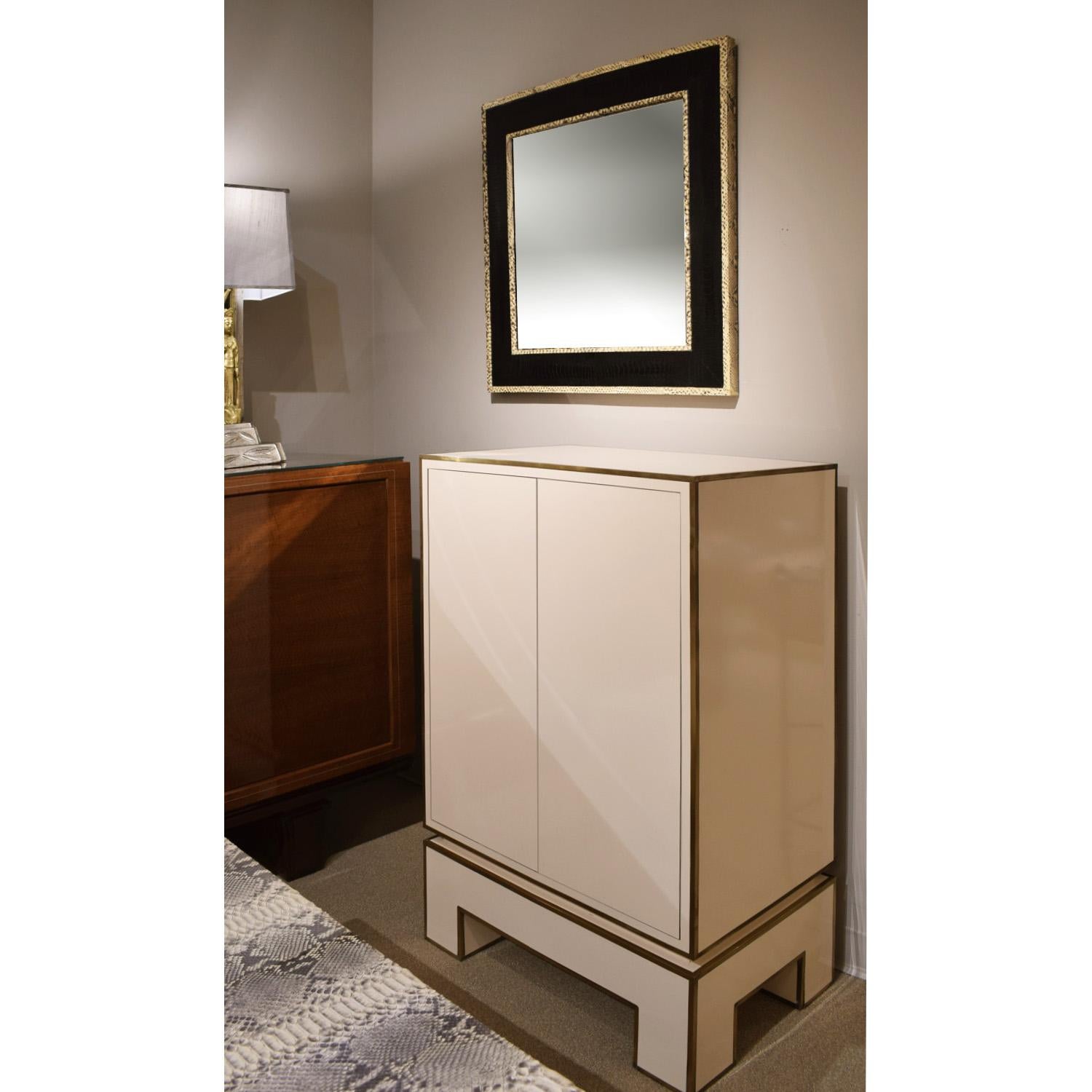 Jansen 2 Door Cabinet in Ivory Lacquer with Brass Trim 1975 'Signed' In Excellent Condition In New York, NY