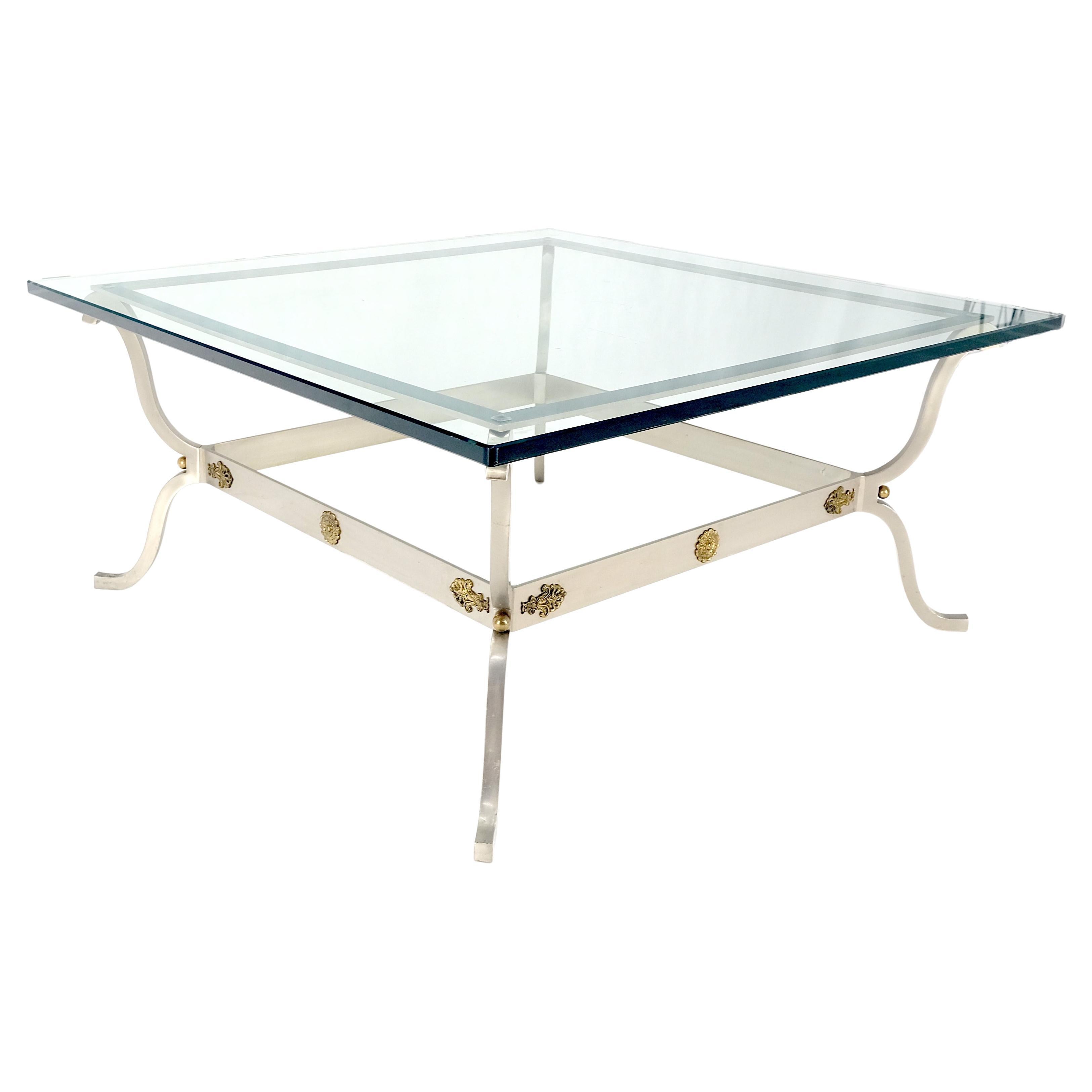 Brushed Steel Brass Mounts Rosettes Square 3/4" Glass Coffee Table For Sale