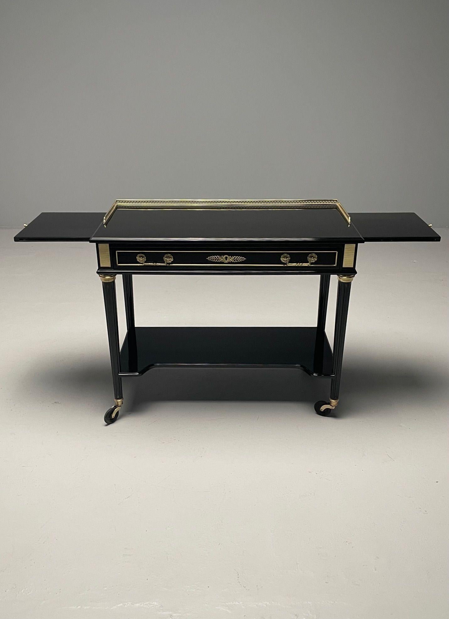 French Jansen Attrib., Hollywood Regency, Rolling Server, Black Lacquer, Bronze, 1960s For Sale