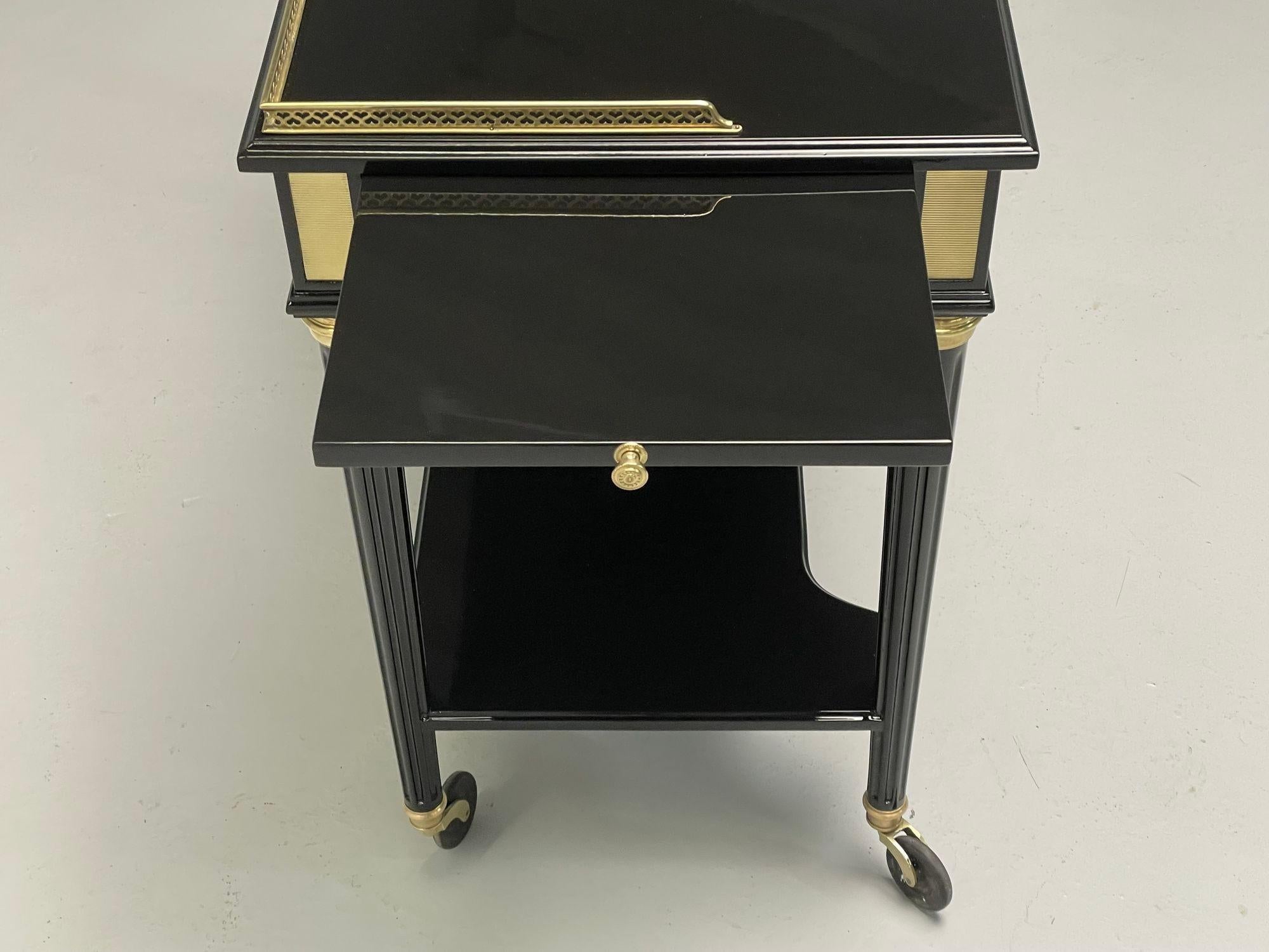 20th Century Jansen Attrib., Hollywood Regency, Rolling Server, Black Lacquer, Bronze, 1960s For Sale