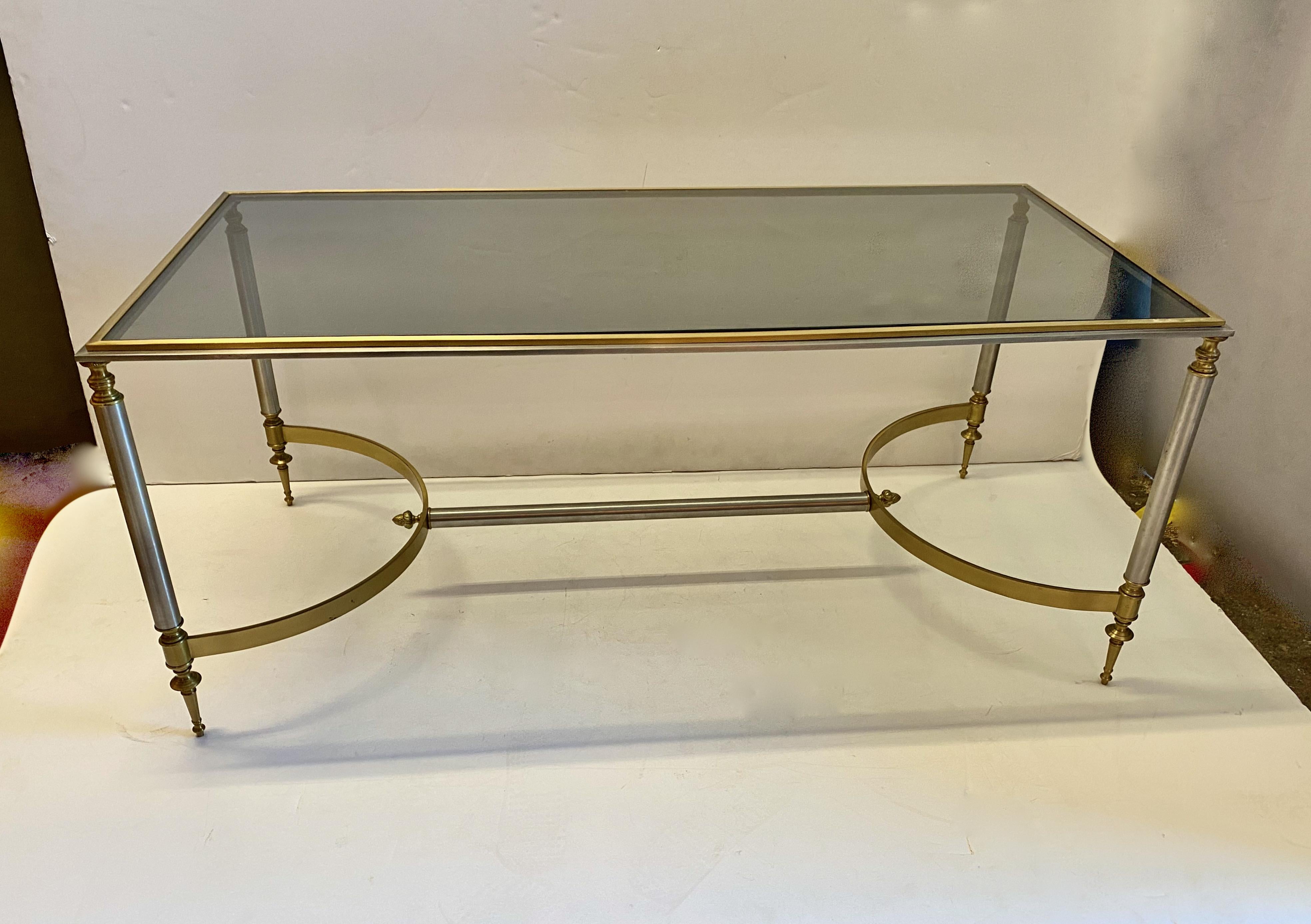 French Jansen-Attributed Steel and Brass Coffee Table