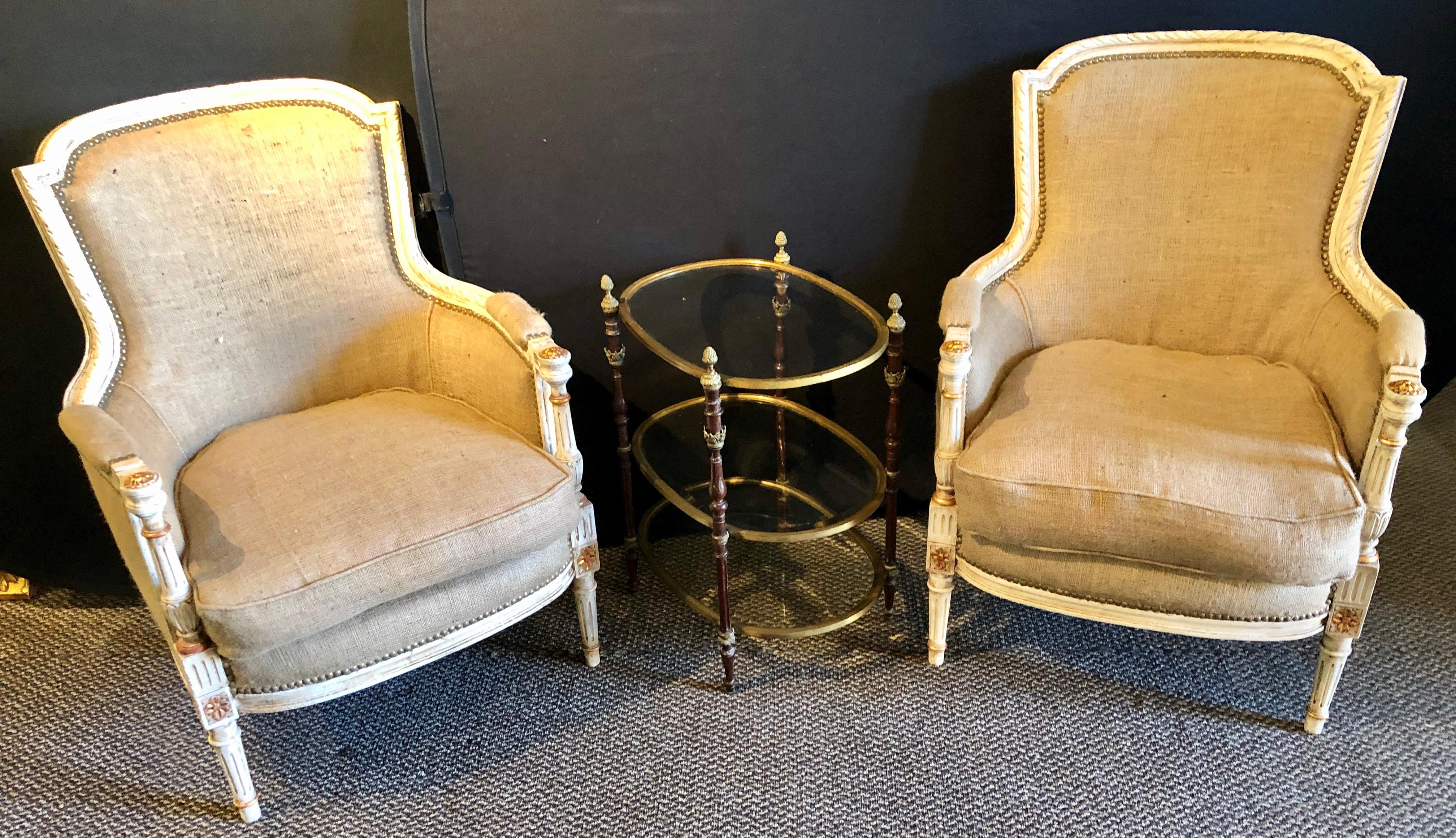 Jansen Bergère / Armchairs, Parcel-Gilt and Paint Decorated Louis XVI Style In Good Condition In Stamford, CT