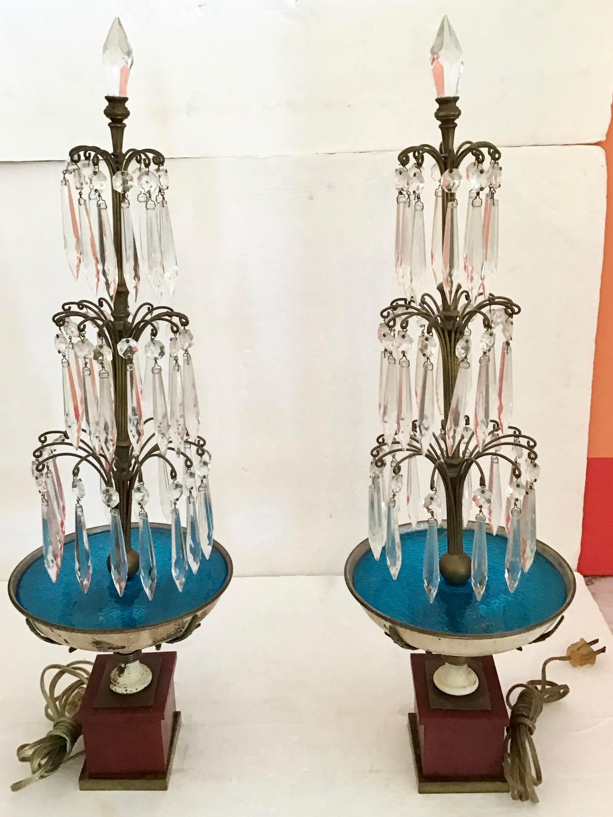 Jansen Chandelier Style Crystal and Bronze Table Lamps, a Pair In Fair Condition In Los Angeles, CA