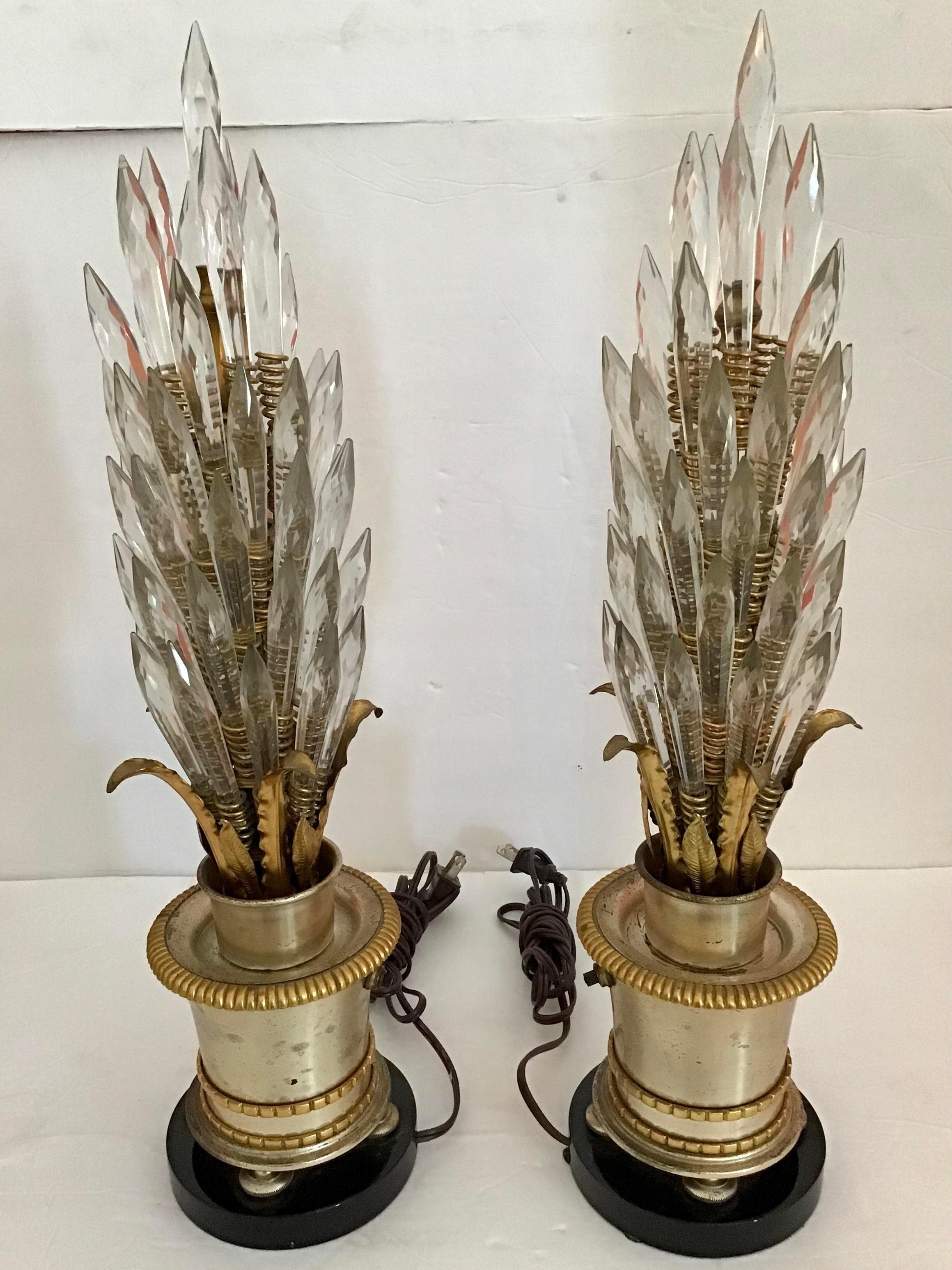 Hollywood Regency Jansen Crystal and Metal Gilt Table Lamps, a Pair