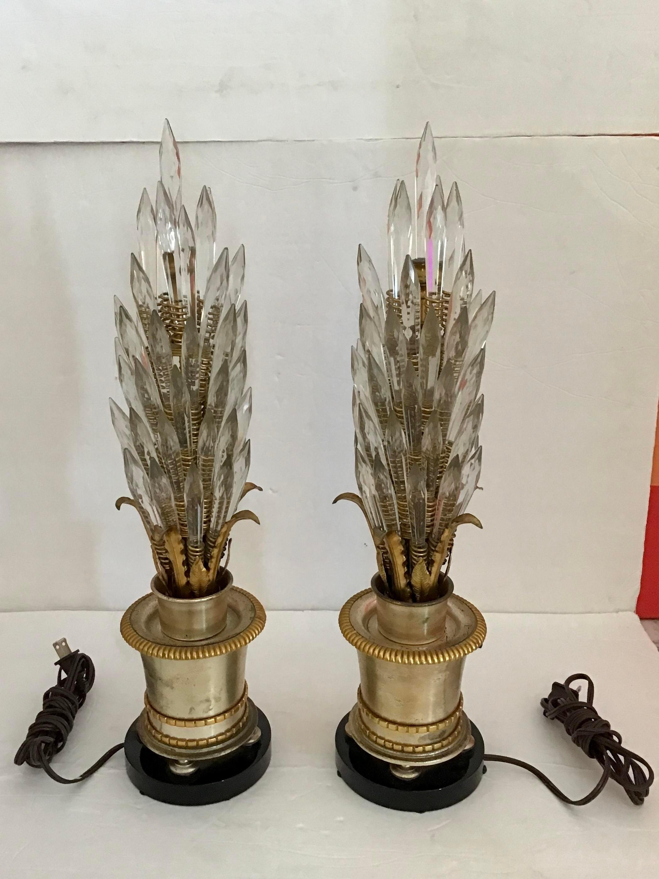 Jansen Crystal and Metal Gilt Table Lamps, a Pair In Good Condition In Los Angeles, CA