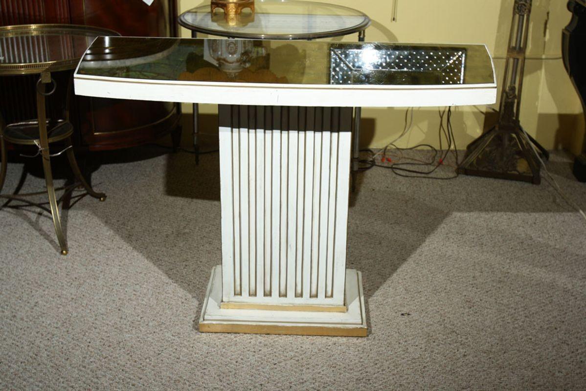 Jansen Eglomise Console Tables White Painted and Parcel Gilt Frieze, Pair In Good Condition In Stamford, CT