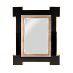 Jansen Elegant Mirror in Black Lacquer with Mixed Metal Accents 1972