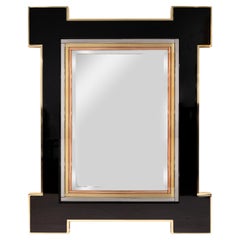Jansen Elegant Mirror in Black Lacquer with Mixed Metal Accents 1972
