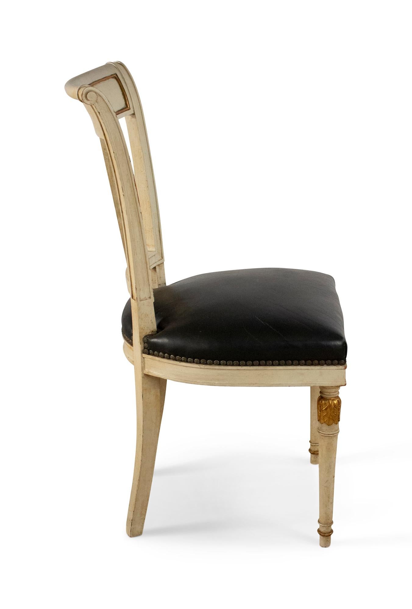 Jansen French Directoire Style Beige and Gilt Painted Wood and Black Leather 3