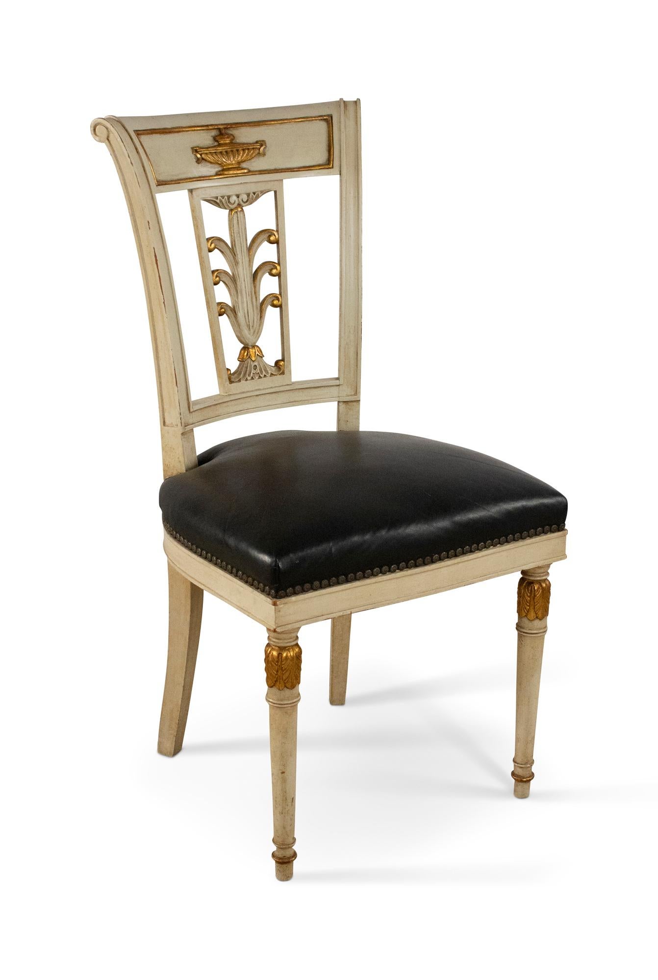 Jansen French Directoire Style Beige and Gilt Painted Wood and Black Leather 4