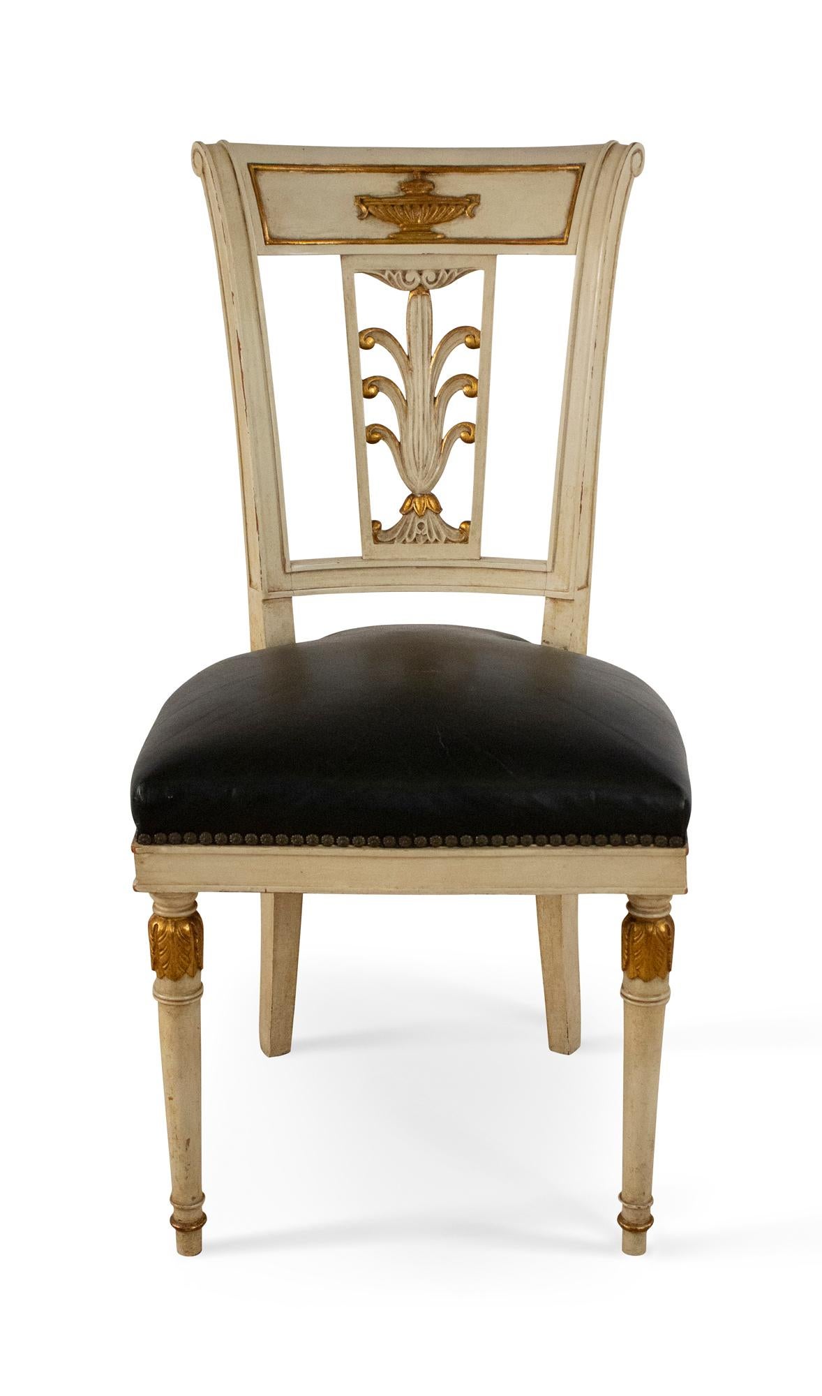 Jansen French Directoire Style Beige and Gilt Painted Wood and Black Leather 5