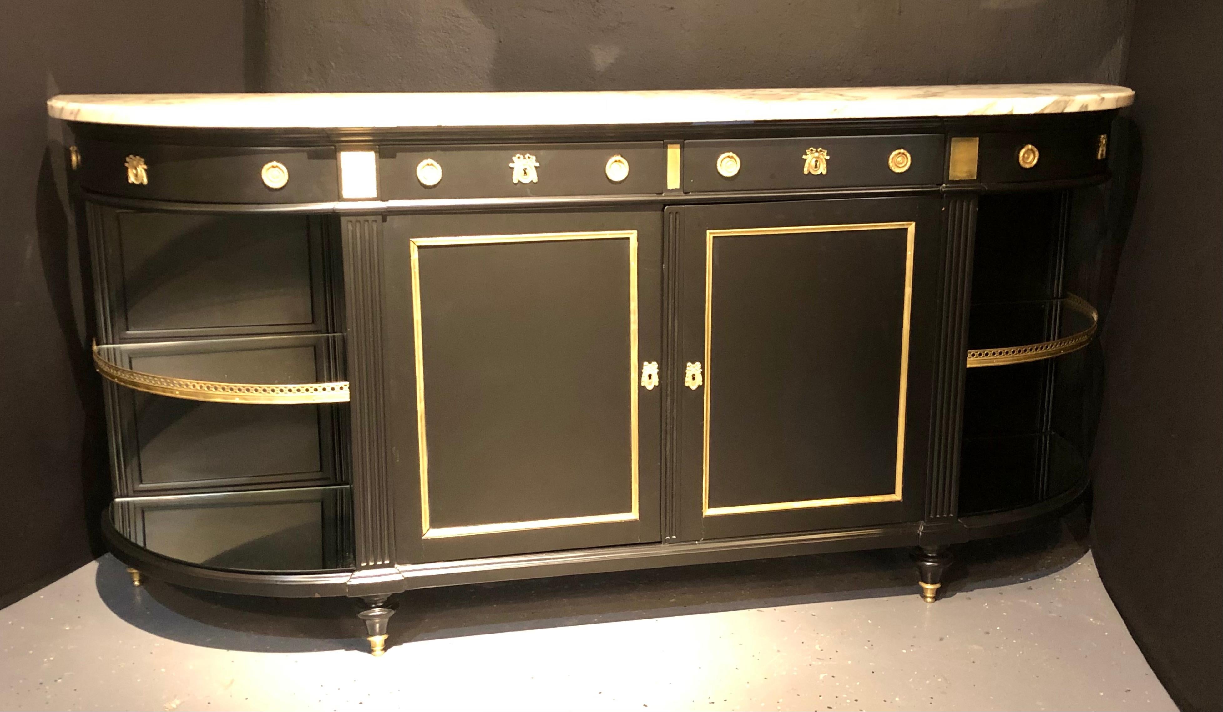 French Maison Jansen, Hollywood Regency, Sideboard, Black Painted Wood, Bronze, Marble For Sale