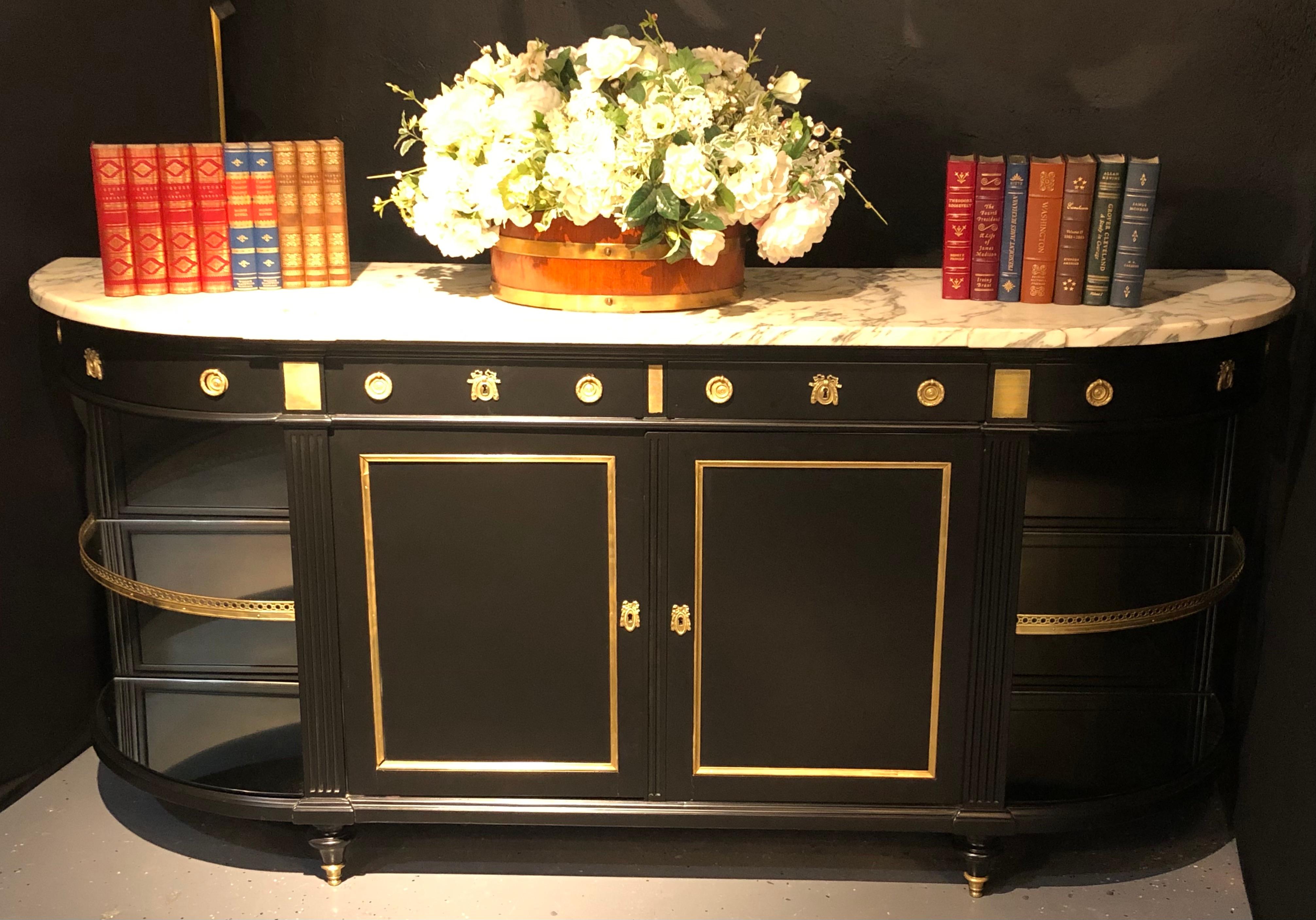 Maison Jansen, Hollywood Regency, Sideboard, Black Painted Wood, Bronze, Marble In Good Condition For Sale In Stamford, CT