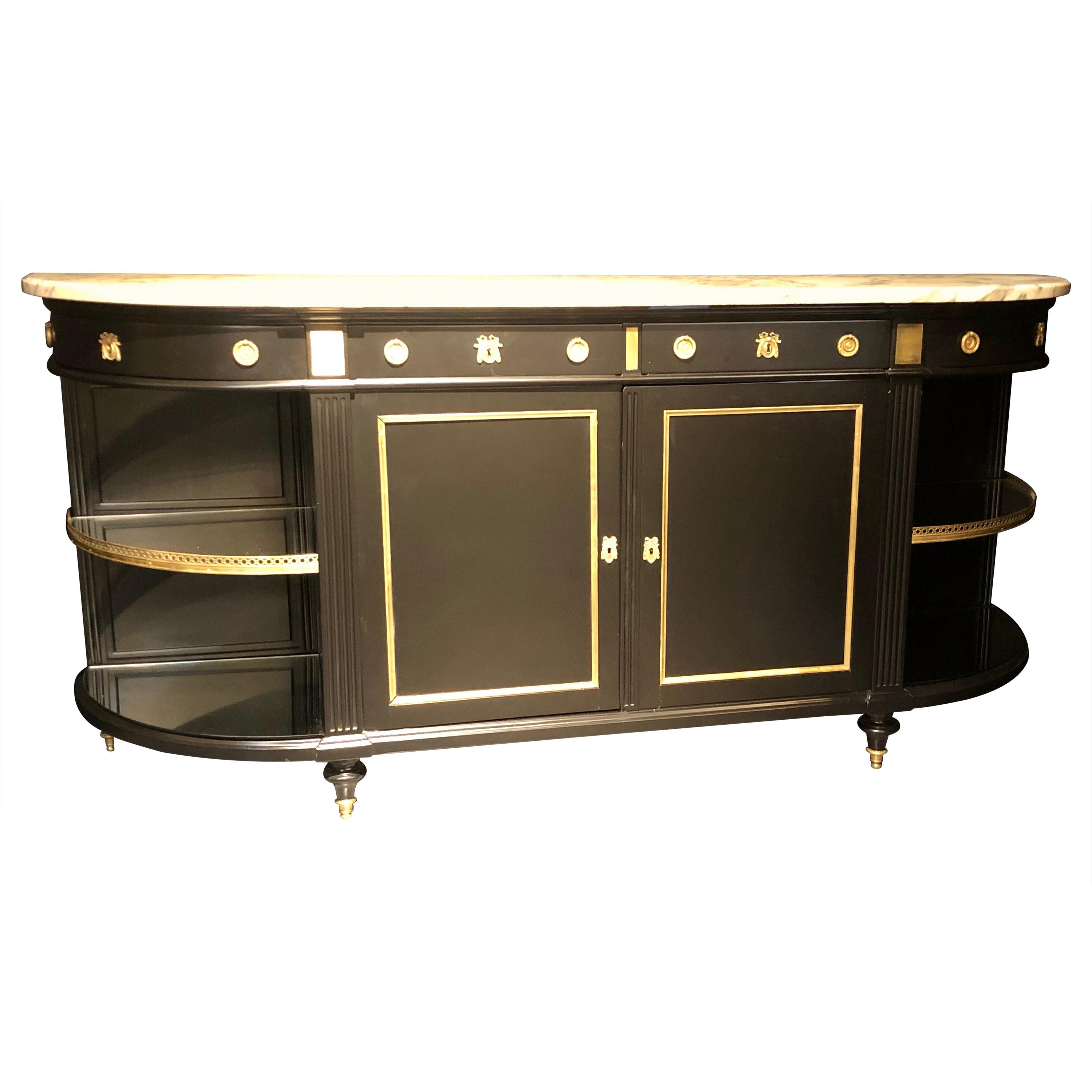 Jansen Hollywood Regency Sideboard, Console, Ebony w Marble Top and Bronze Deco