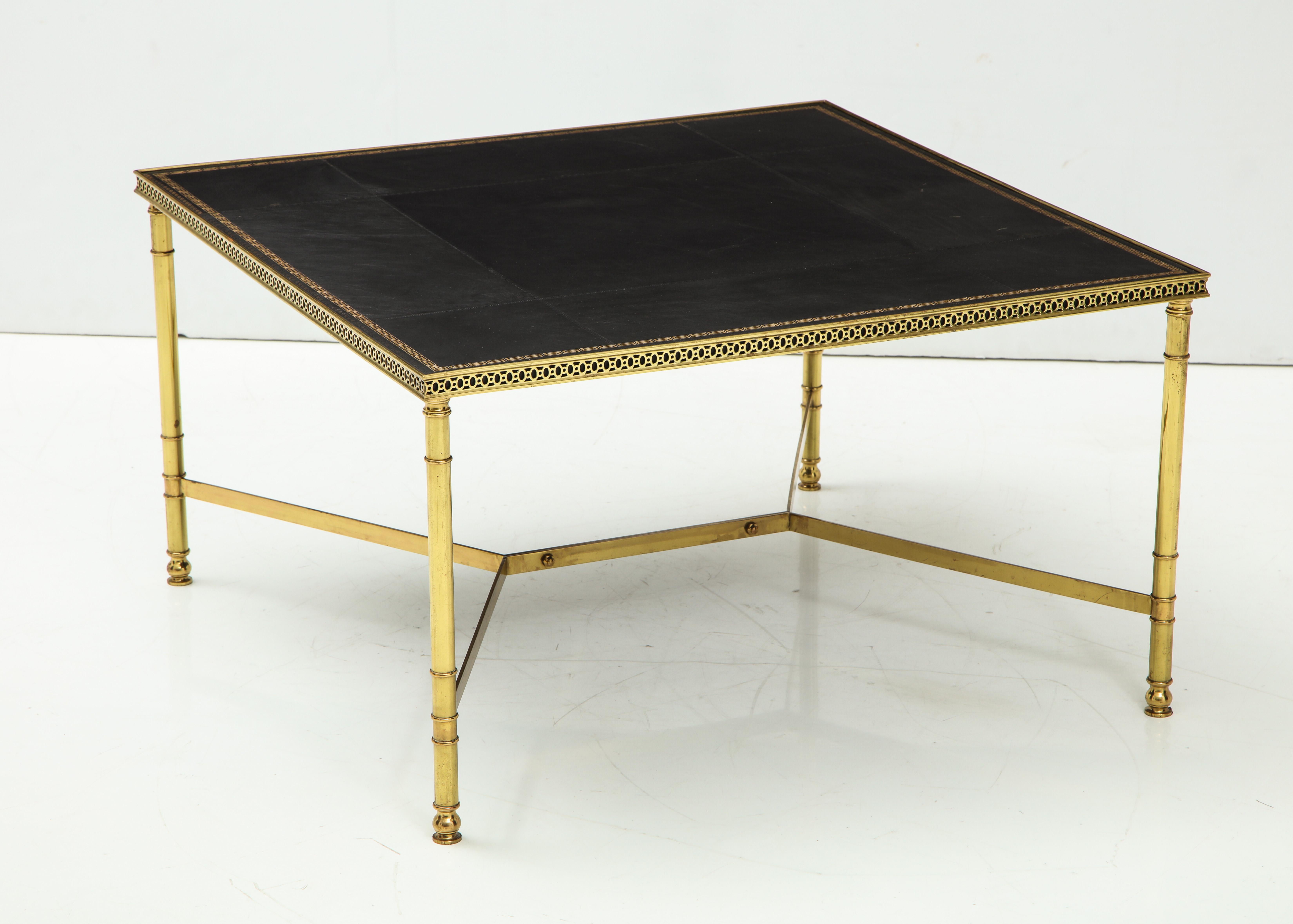 Square bronze bamboo Jansen coffee table with a segmented Greek key leather top.