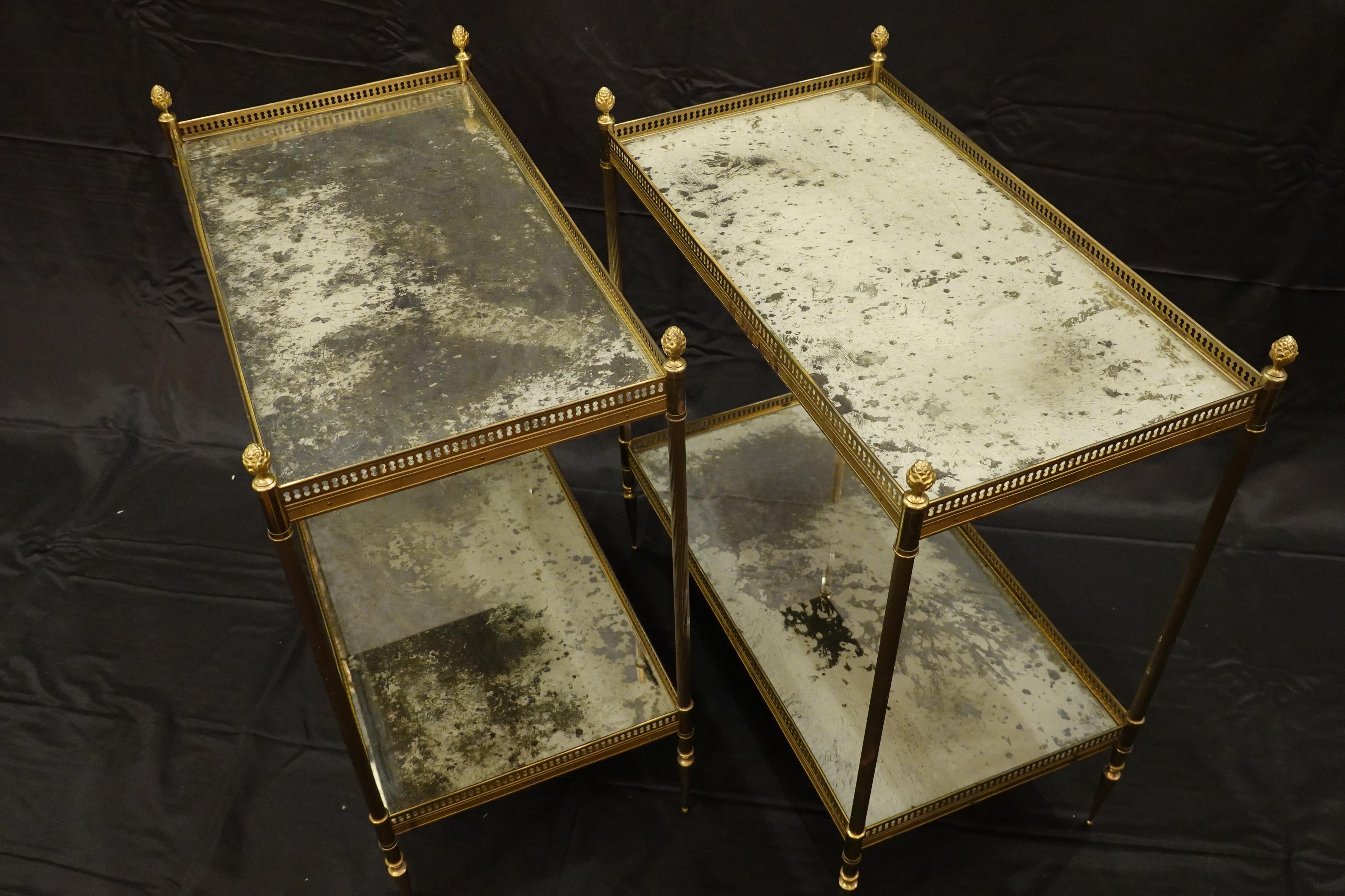 French Jansen Neoclassical Brass Two-Tiered Side Tables with Églomisé Tops