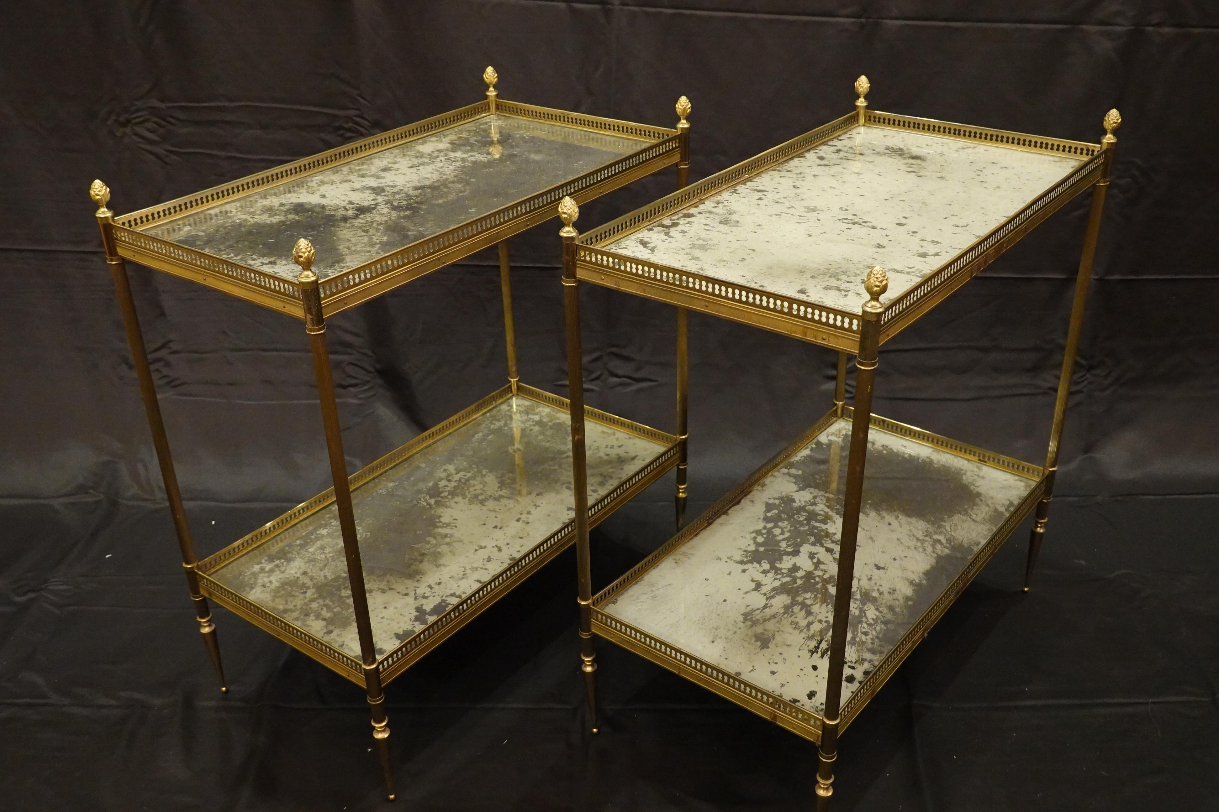 Gilt Jansen Neoclassical Brass Two-Tiered Side Tables with Églomisé Tops