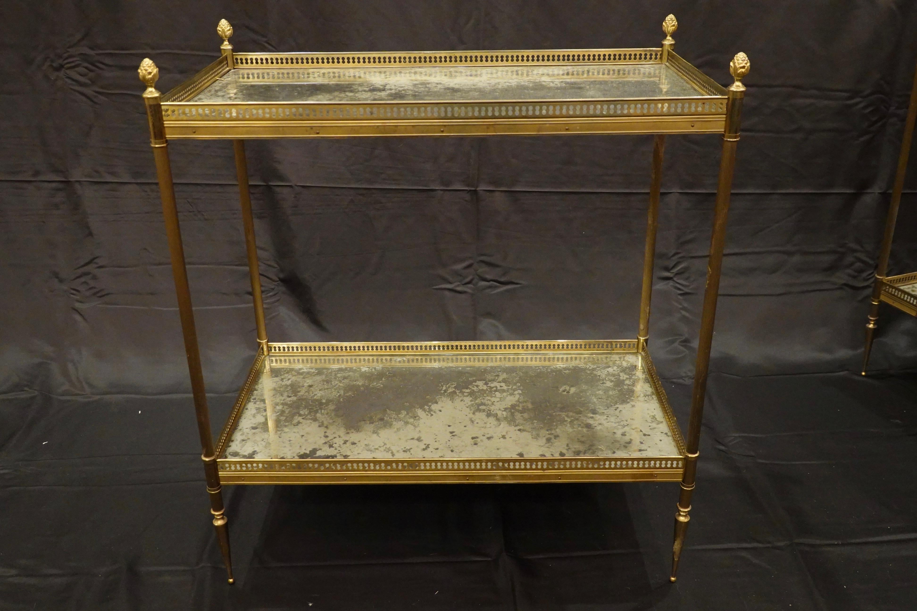 20th Century Jansen Neoclassical Brass Two-Tiered Side Tables with Églomisé Tops