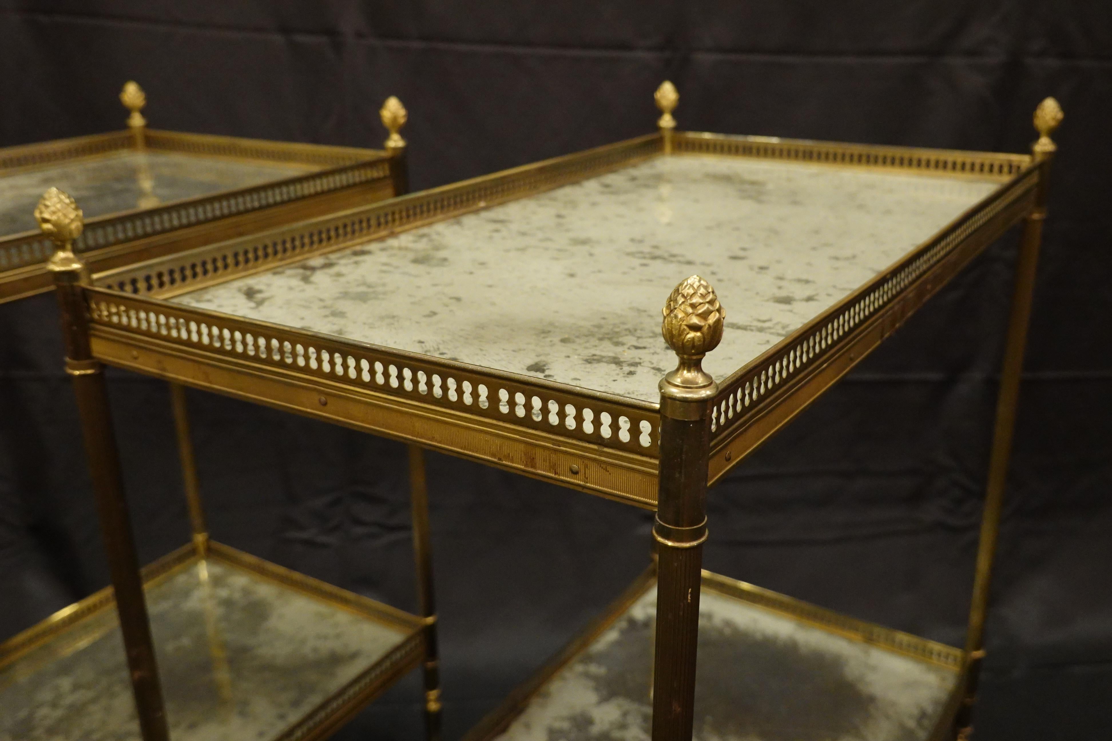 Jansen Neoclassical Brass Two-Tiered Side Tables with Églomisé Tops 1