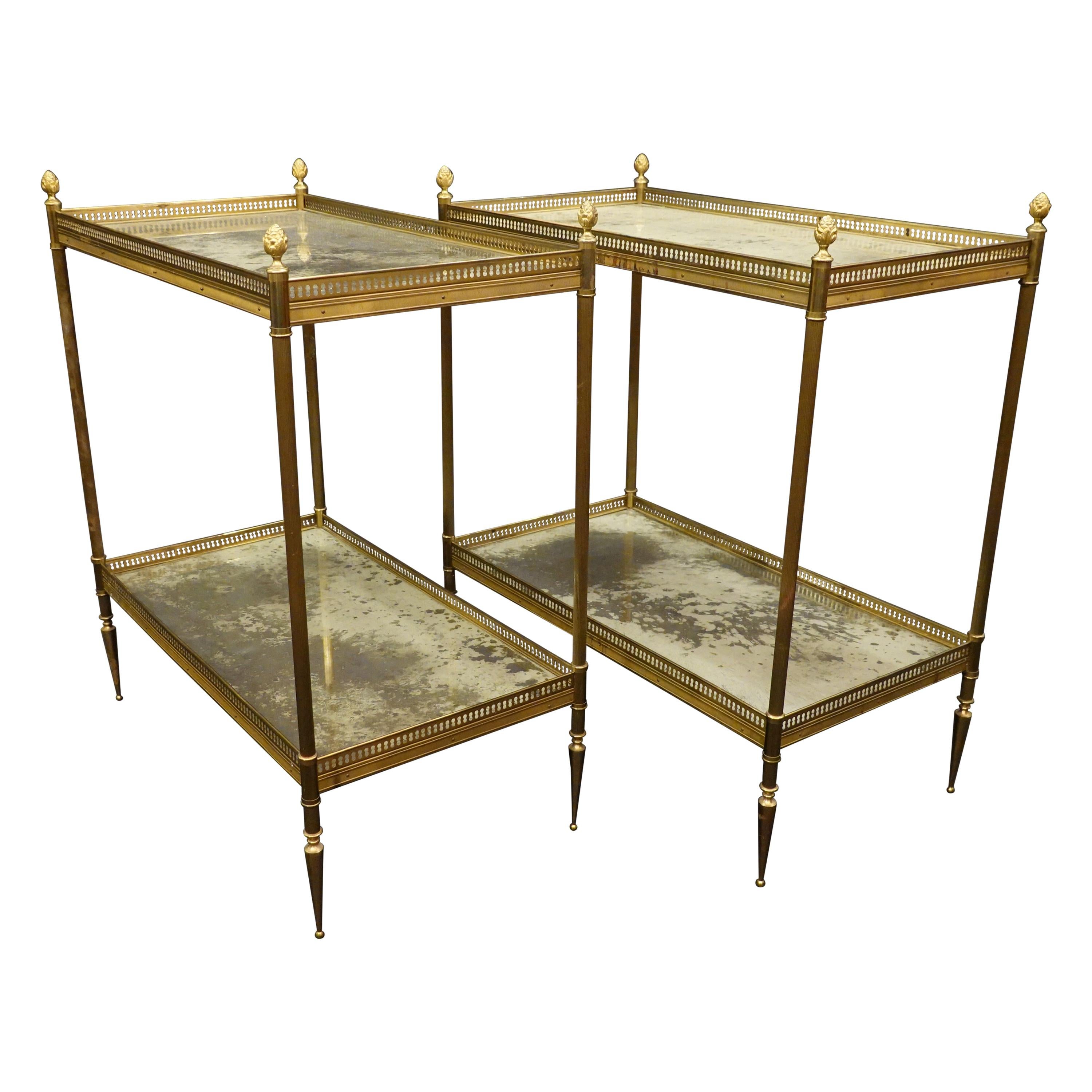 Jansen Neoclassical Brass Two-Tiered Side Tables with Églomisé Tops
