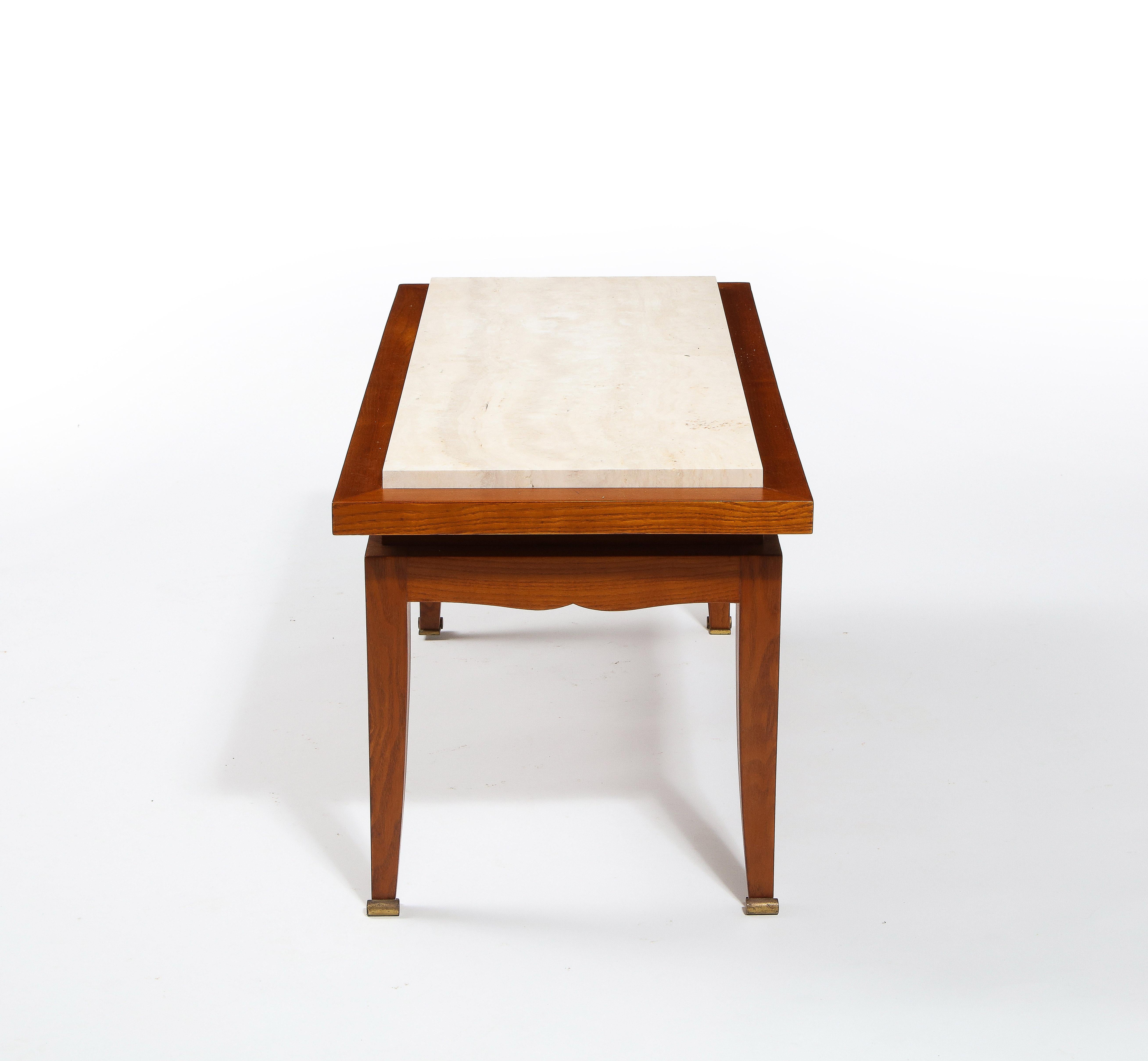 20th Century Jansen Oak & Travertine Art Deco Style Coffee Table, France 1940's For Sale