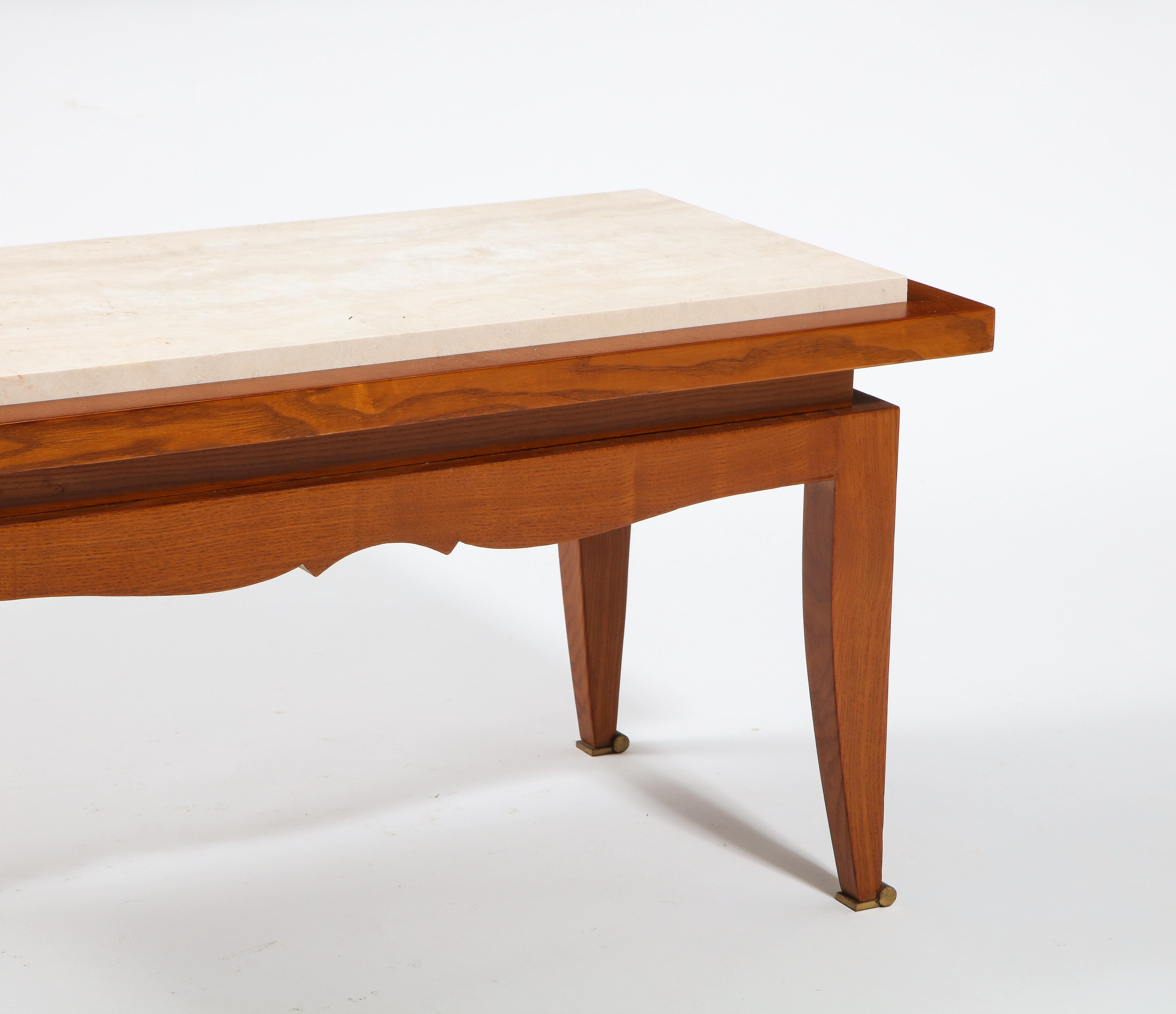 Jansen Oak & Travertine Art Deco Style Coffee Table, France 1940's For Sale 2