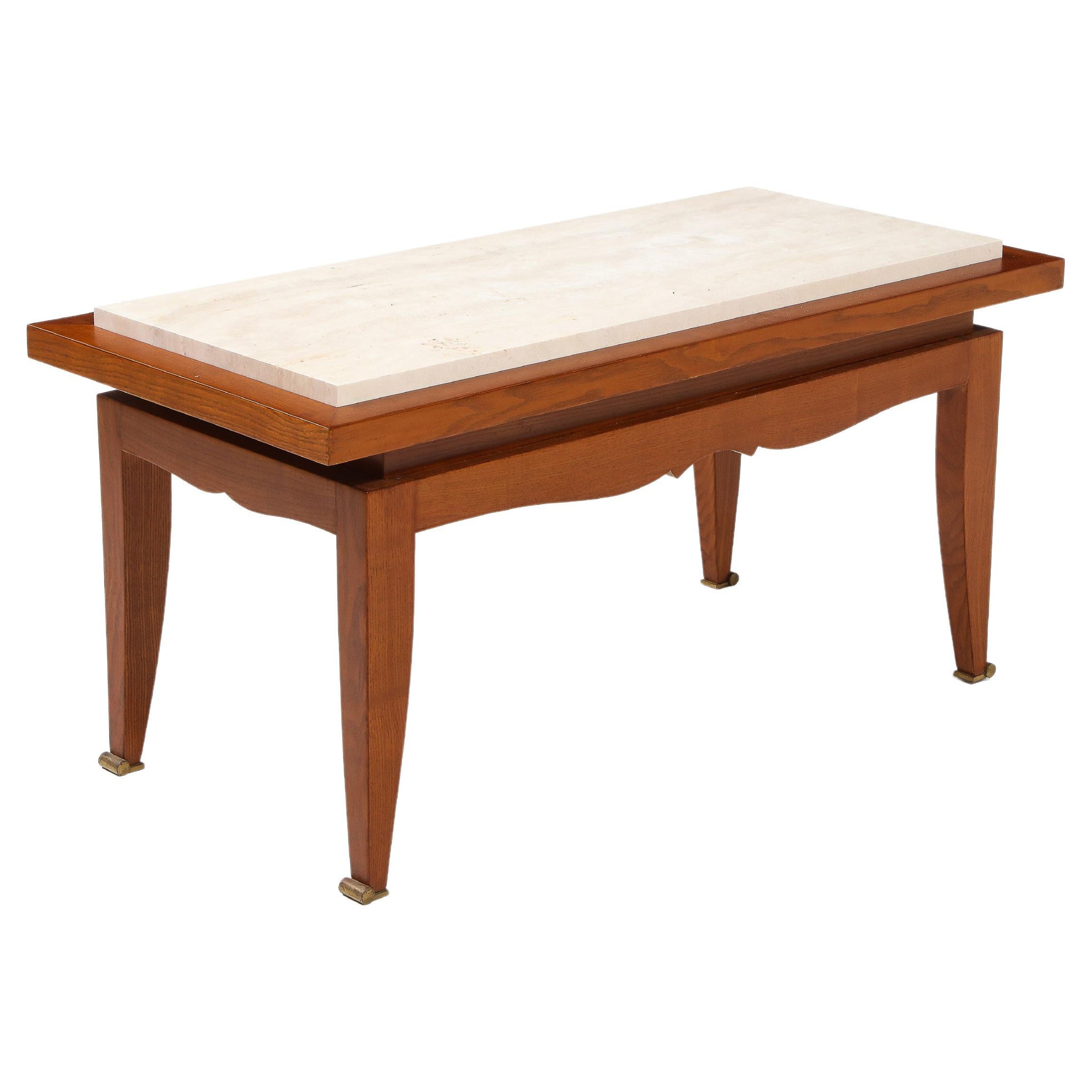 Jansen Oak & Travertine Art Deco Style Coffee Table, France 1940's For Sale