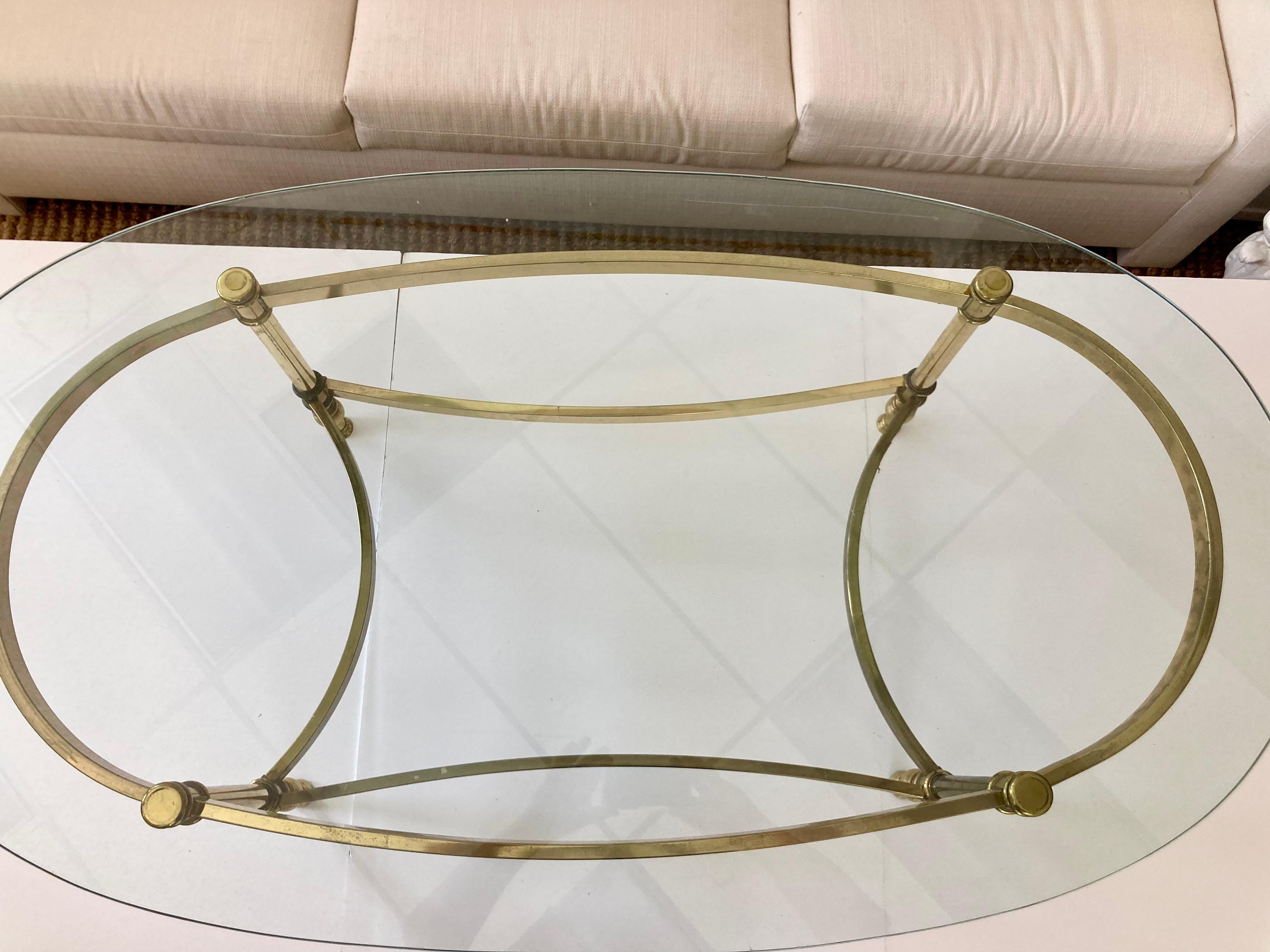 Jansen Oval Glass Top Coffee Table With Brass Metal Frame In Good Condition In Los Angeles, CA
