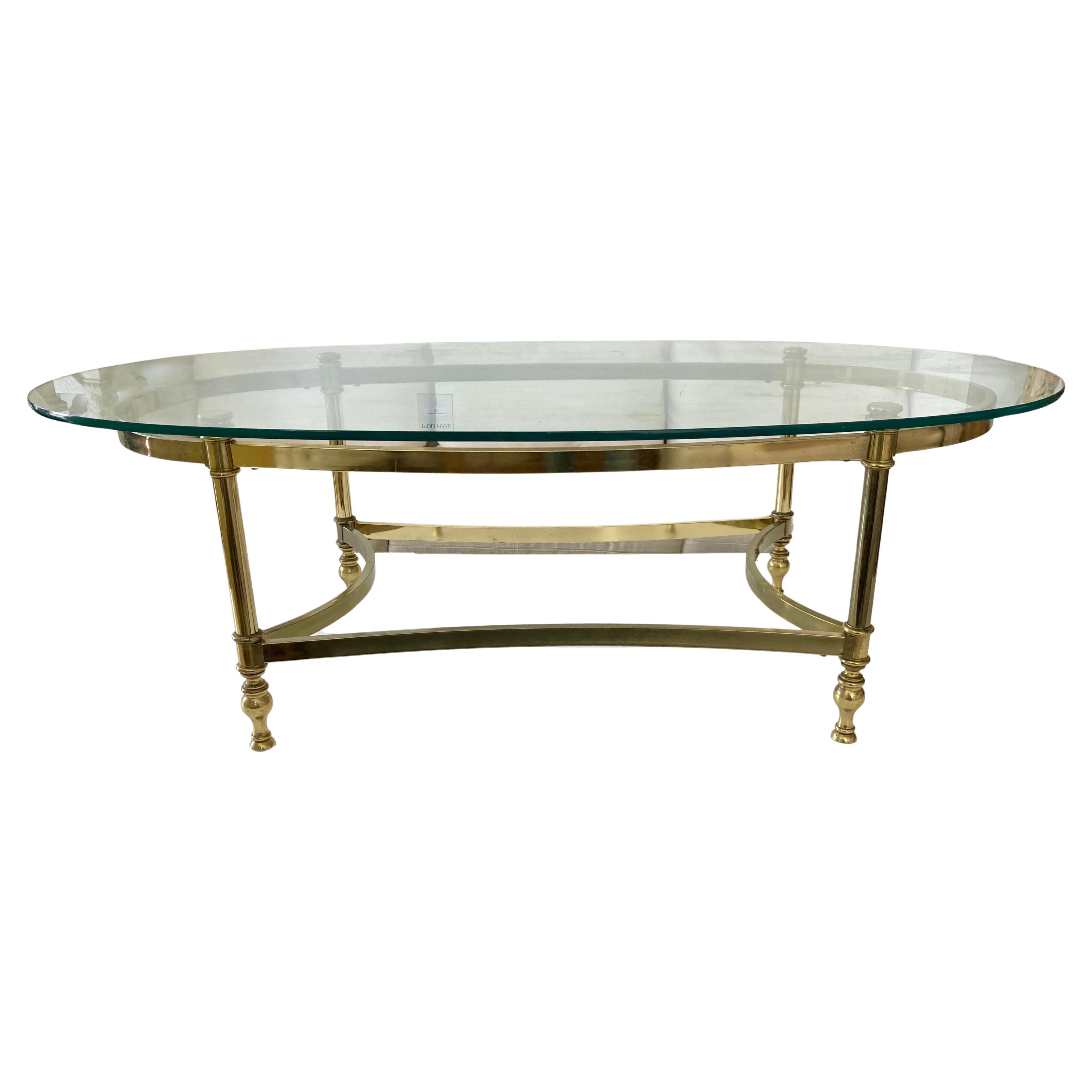 Jansen Oval Glass Top Coffee Table With Brass Metal Frame