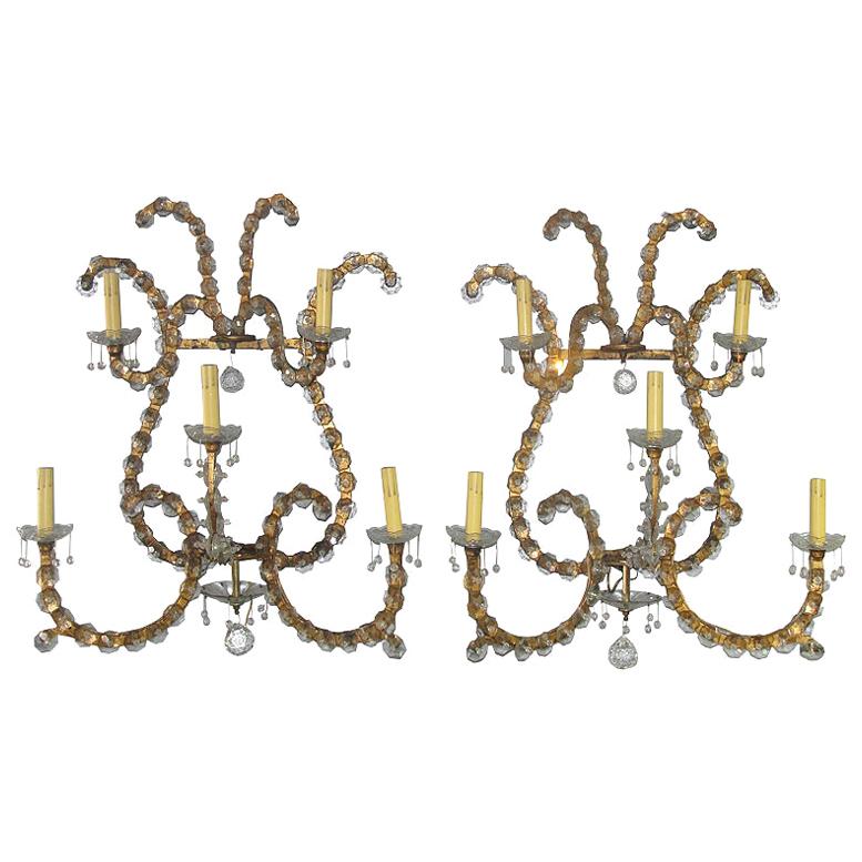 Jansen Pair of Oversized Gilt Iron and Crystal Sconces/ Wall Lights