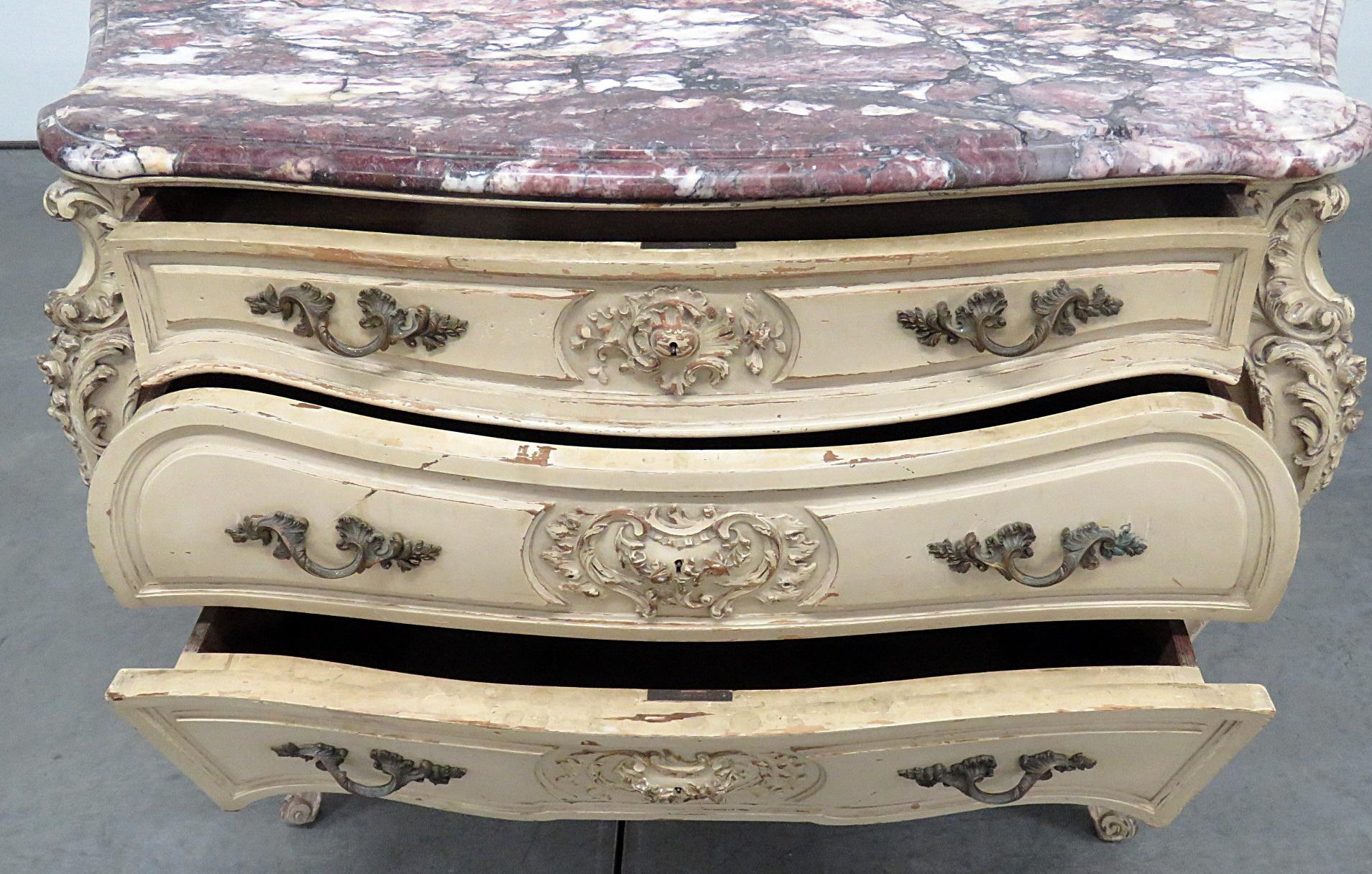 Jansen Paris Louis XV Style distressed painted 3-drawer marble-top commode. This is stamped Jansen and has the best carving and marble we have had in years.