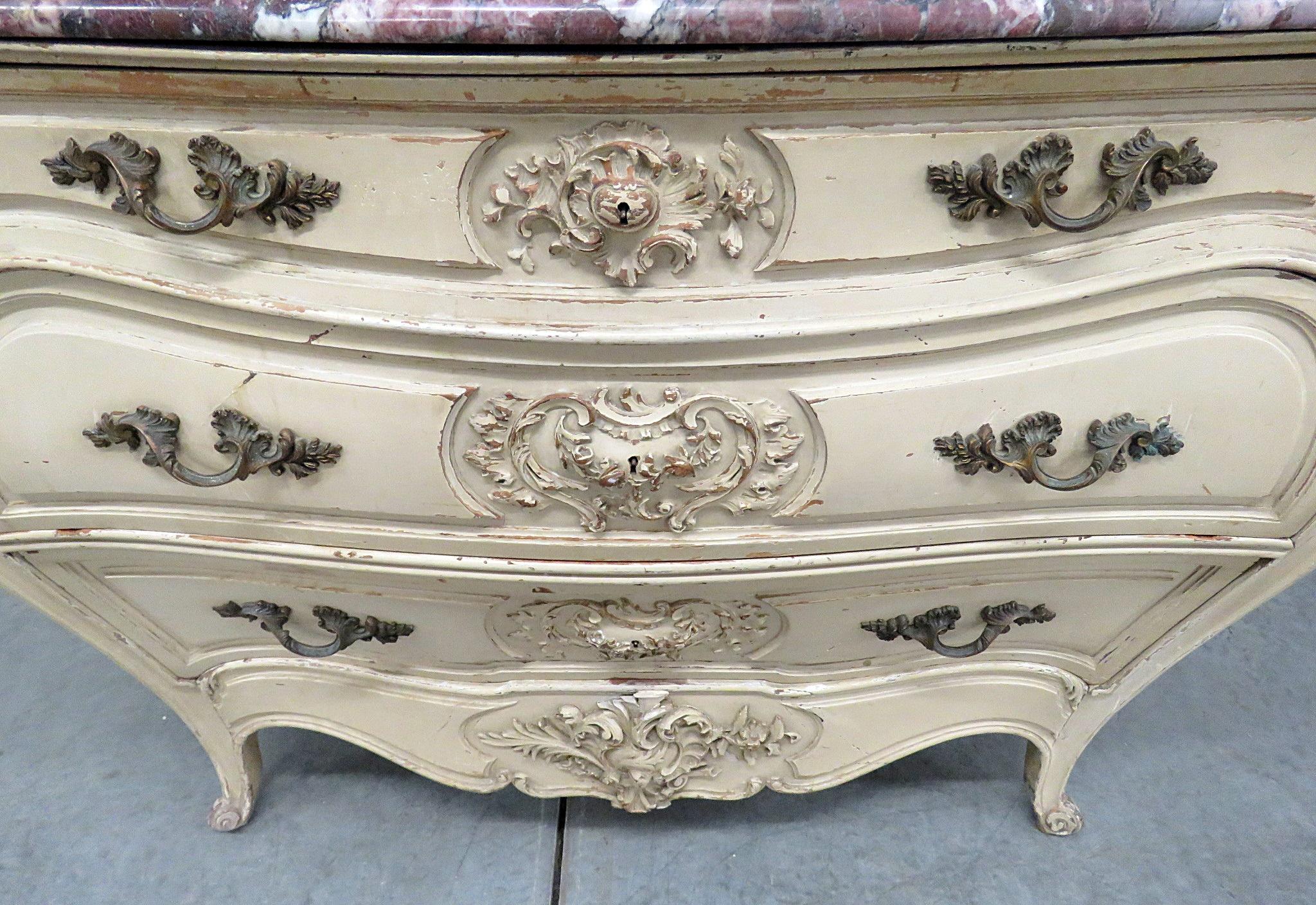 Painted Signed Jansen Paris Louis XV Style Marble Top Commode C1920s In Good Condition In Swedesboro, NJ