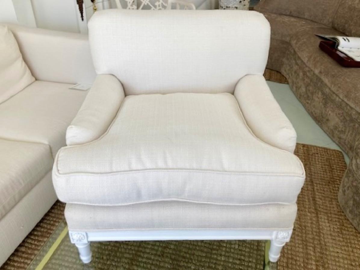 Beautiful Jansen petit club chair. Newly lacquered in white and reupholstered in off-white Todd Hase textiles. An amazing one of kind custom Jansen item, very small scale , just fabulous.