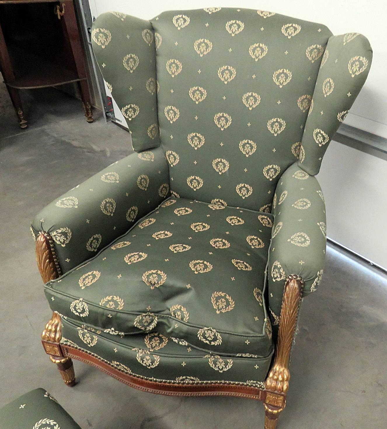 Maison Jansen Carved Gilded Walnut Regency Style Chair and Ottoman In Good Condition In Swedesboro, NJ