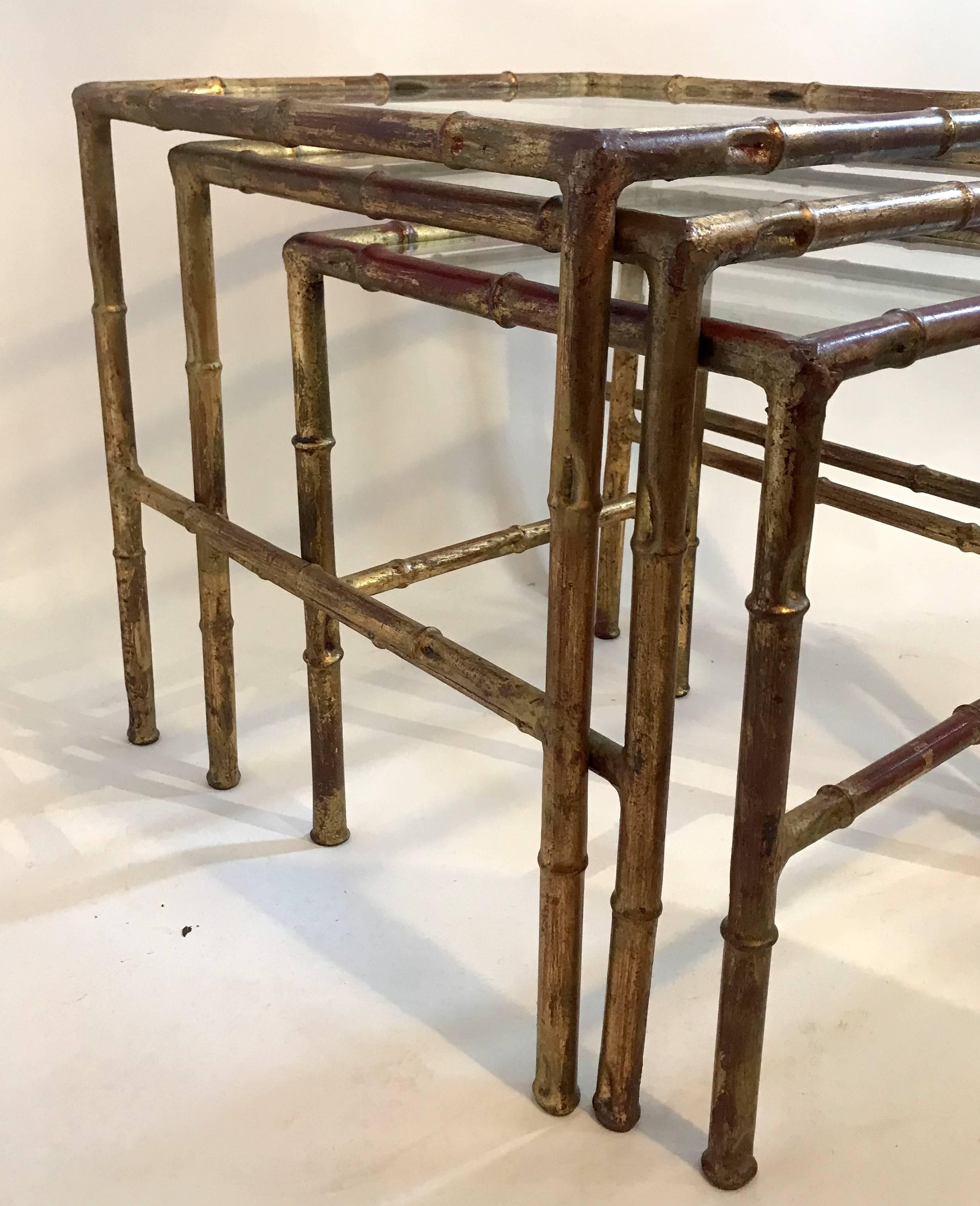 Mid-Century Modern Wonderful Jansen Set Three Faux Bamboo Gilt Metal Nesting Stacking Baguès Tables