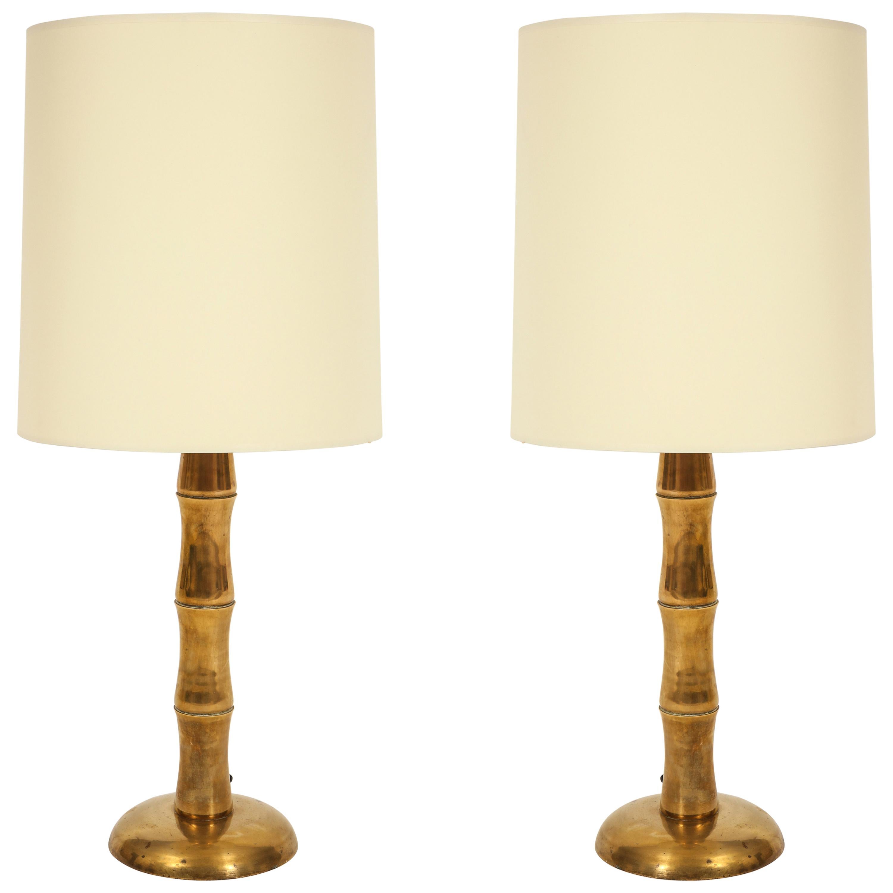 Jansen Style Bamboo Brass French Midcentury Pair of Table Lamps