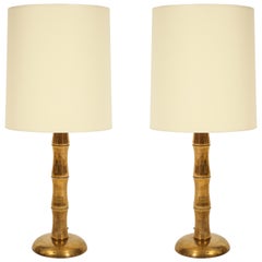 Jansen Style Bamboo Brass French Midcentury Pair of Table Lamps