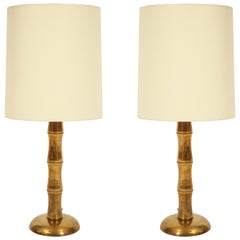 Jansen Style Bamboo Brass French Midcentury Pair of Table Lamps