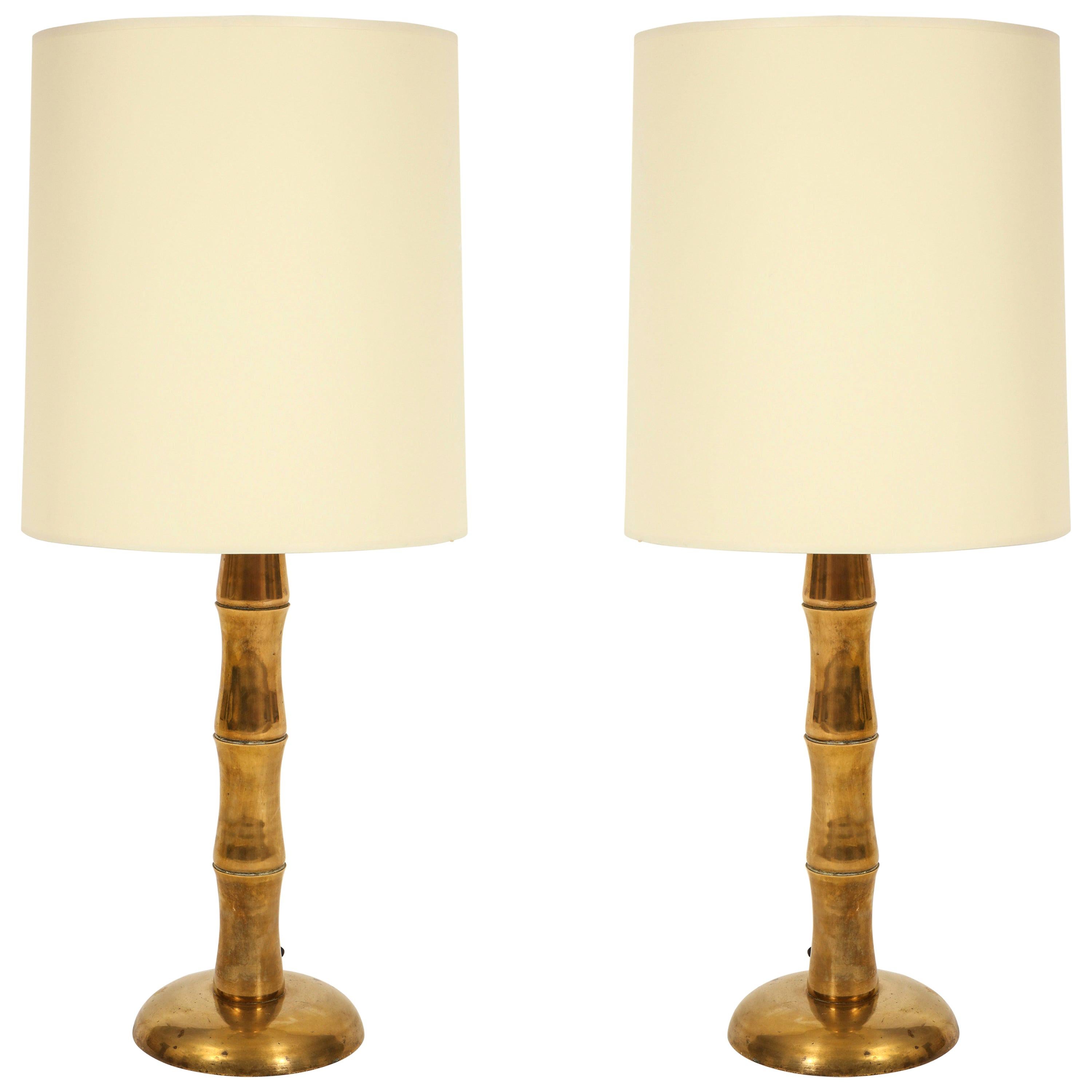 Jansen Style Bamboo Brass French Midcentury Pair of Table Lamps