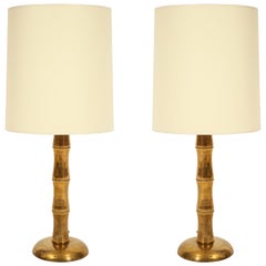 Jansen Style Bamboo Brass French Midcentury Pair of Table Lamps