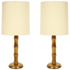 Jansen Style Bamboo Brass French Midcentury Pair of Table Lamps