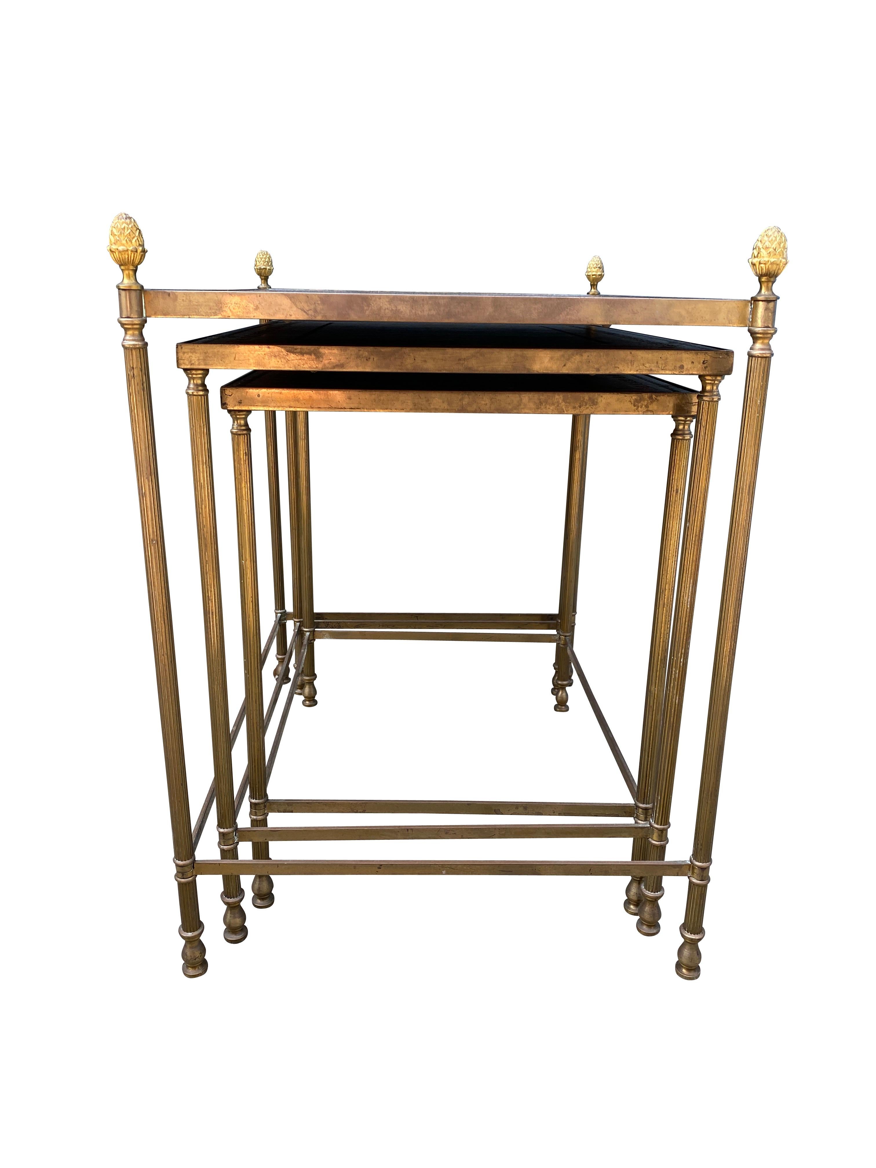 Modern Jansen Style Brass and Leather Nest of Three Tables