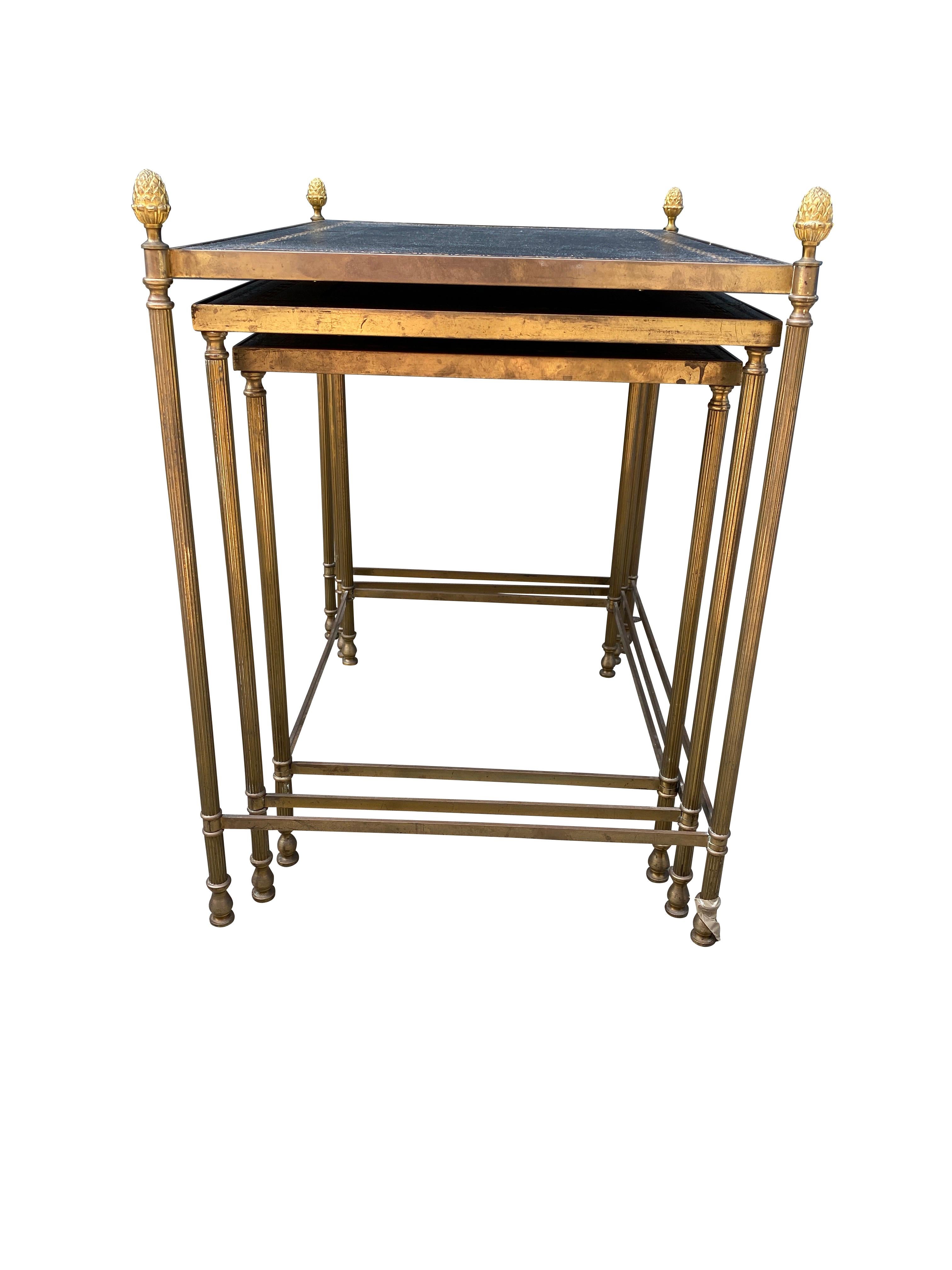 French Jansen Style Brass and Leather Nest of Three Tables