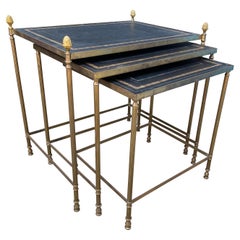 Jansen Style Brass and Leather Nest of Three Tables