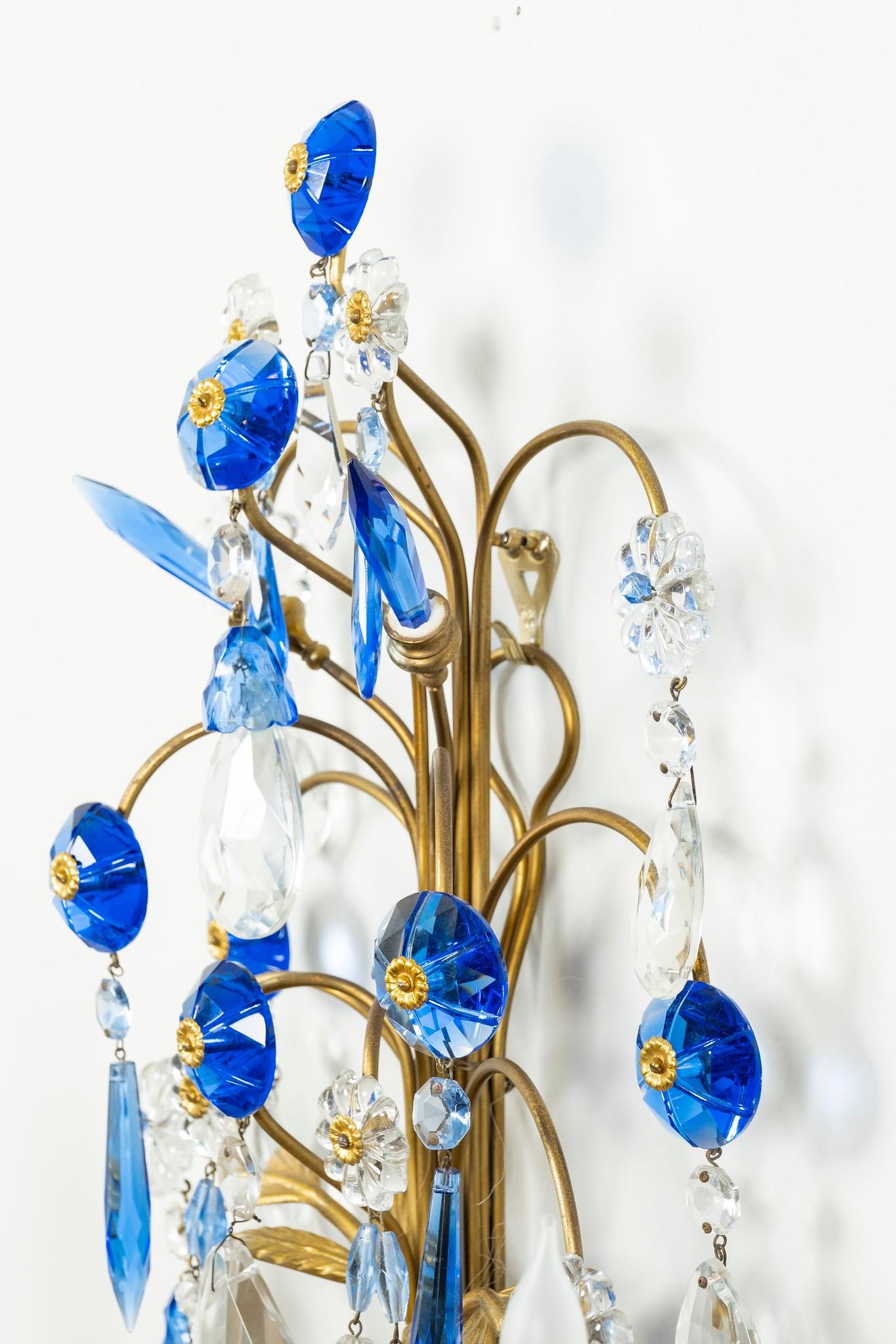 Jansen Style Bronze Sconces with Cornflower Blue and Clear Crystals 3