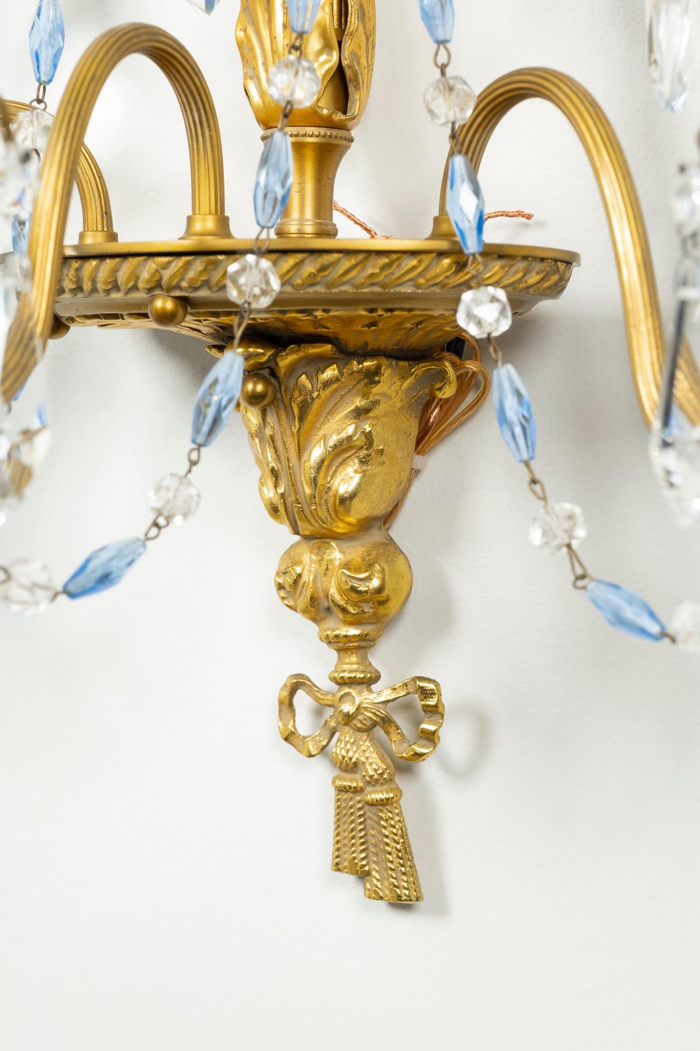 Louis XV Jansen Style Bronze Sconces with Cornflower Blue and Clear Crystals