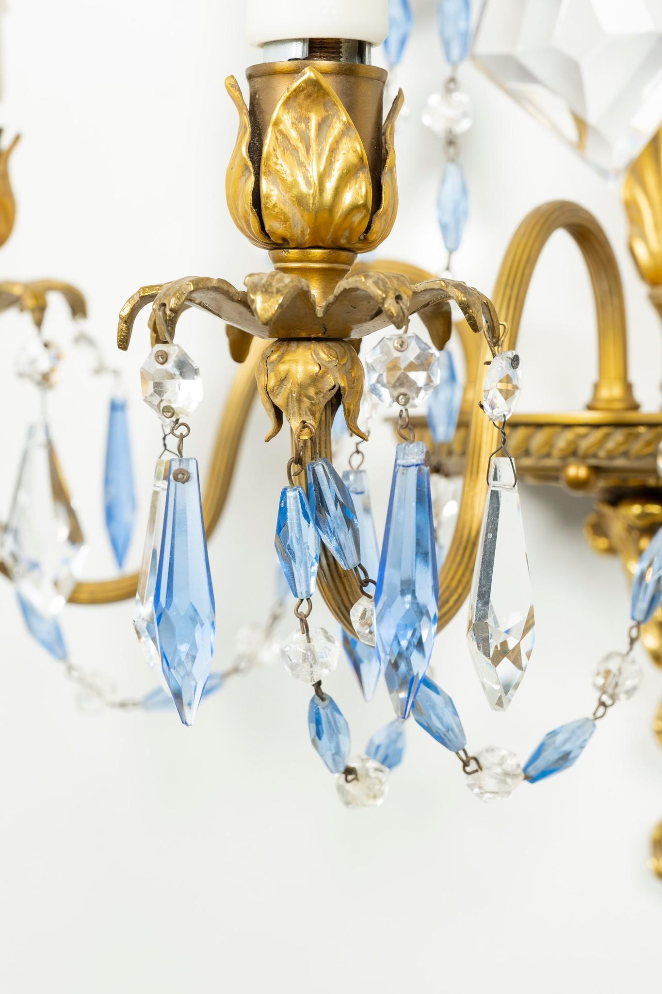 French Jansen Style Bronze Sconces with Cornflower Blue and Clear Crystals