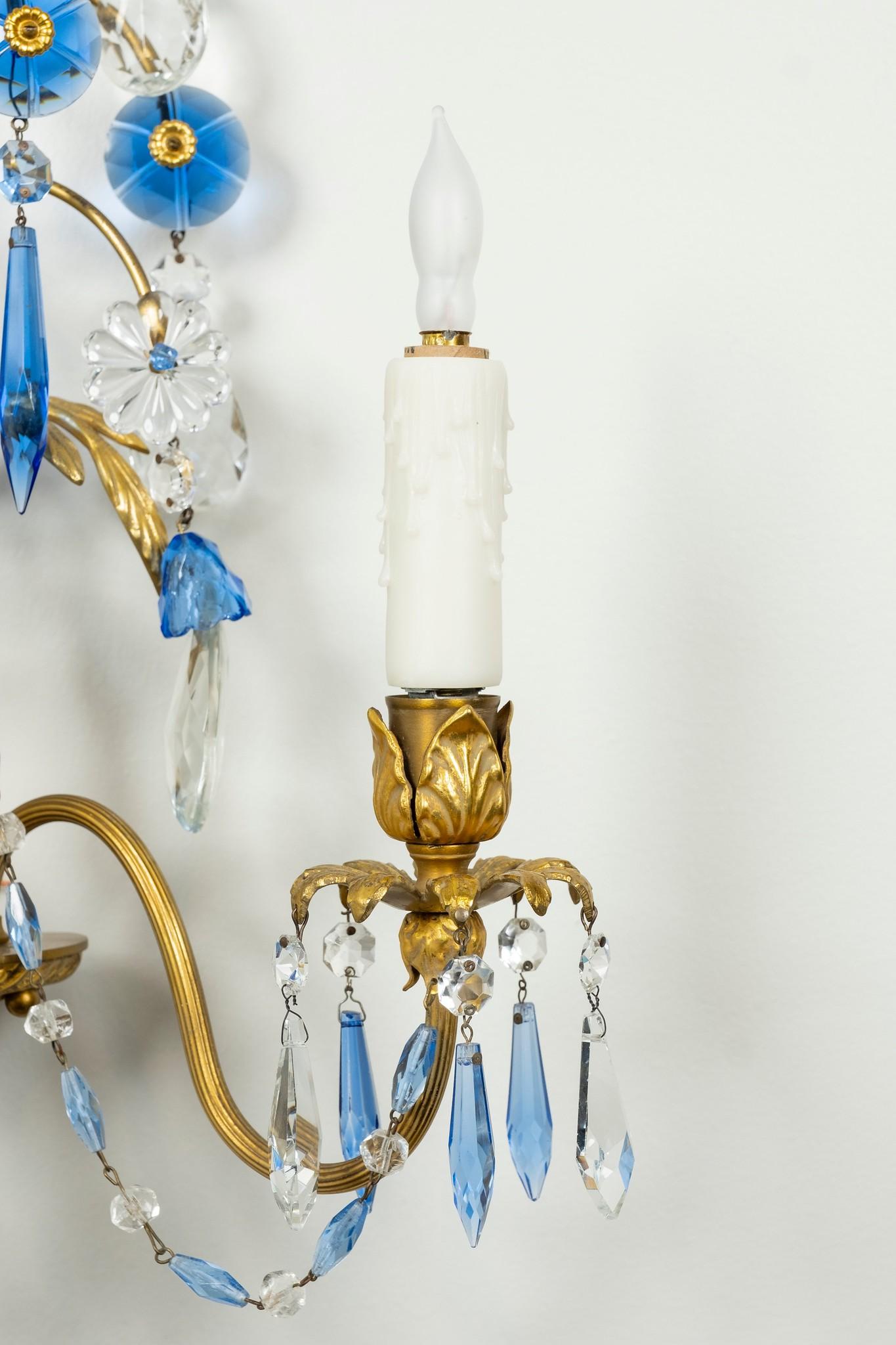 Gilt Jansen Style Bronze Sconces with Cornflower Blue and Clear Crystals