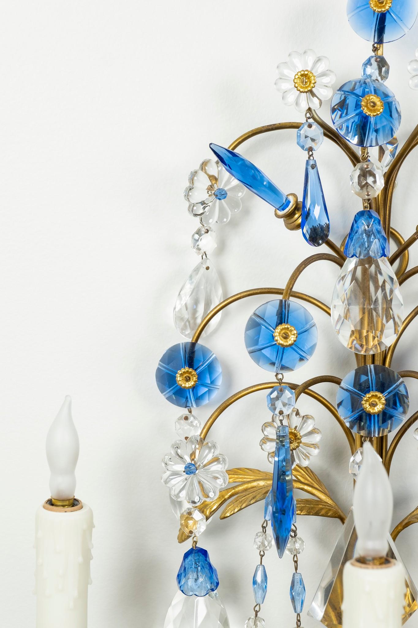 20th Century Jansen Style Bronze Sconces with Cornflower Blue and Clear Crystals
