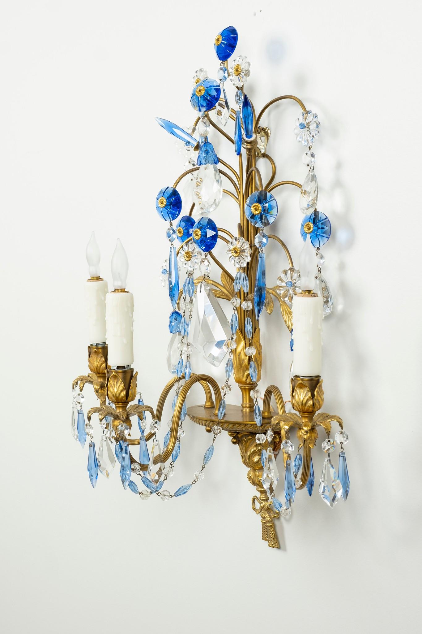 Jansen Style Bronze Sconces with Cornflower Blue and Clear Crystals 2